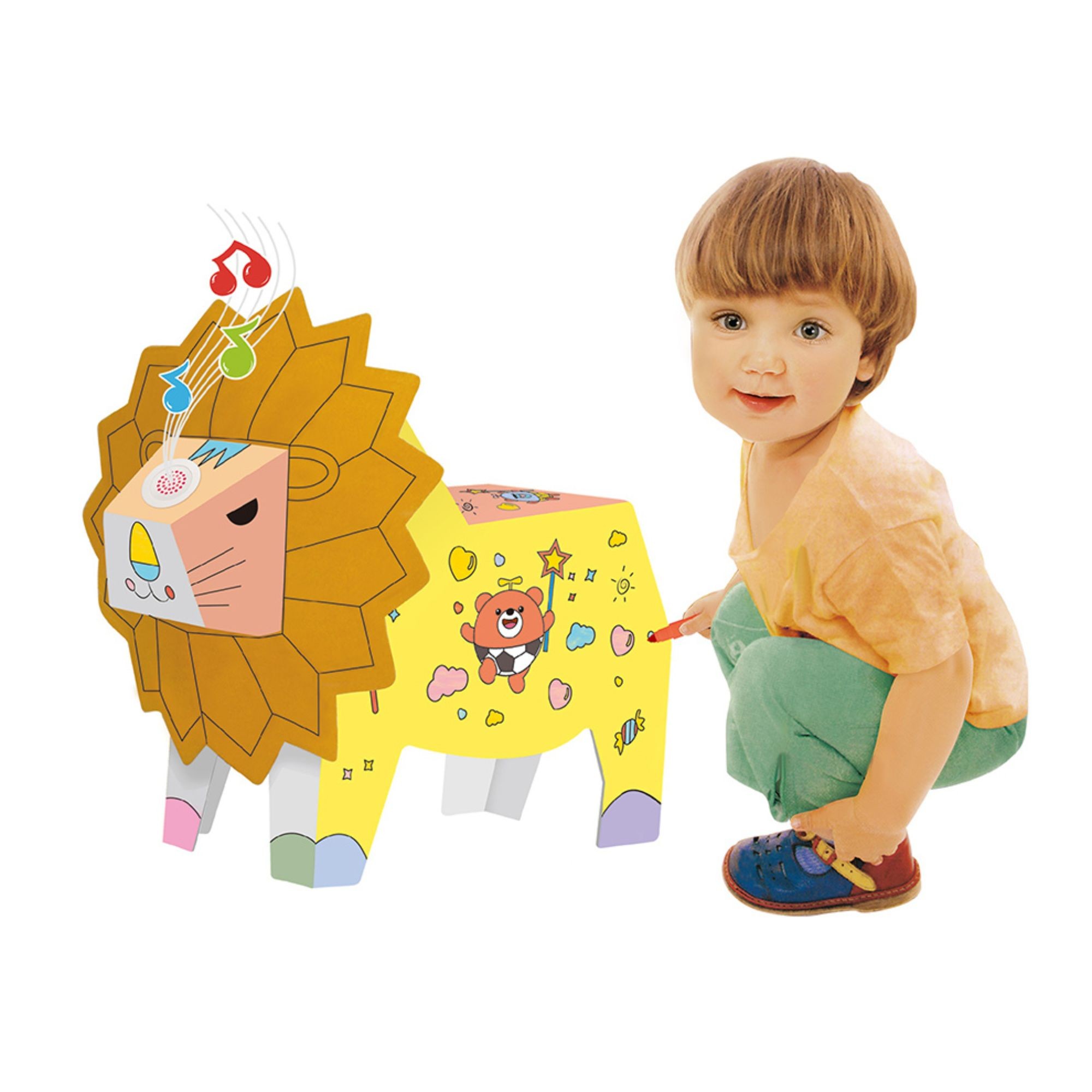 Jucarie Educativa pentru Copii, Flippy, Model Leu 3D, Puzzle 3D de Asamblat si Colorat din Carton, Educativ, 41 x 12 x 33 cm, 3+ ani, Maro/Alb