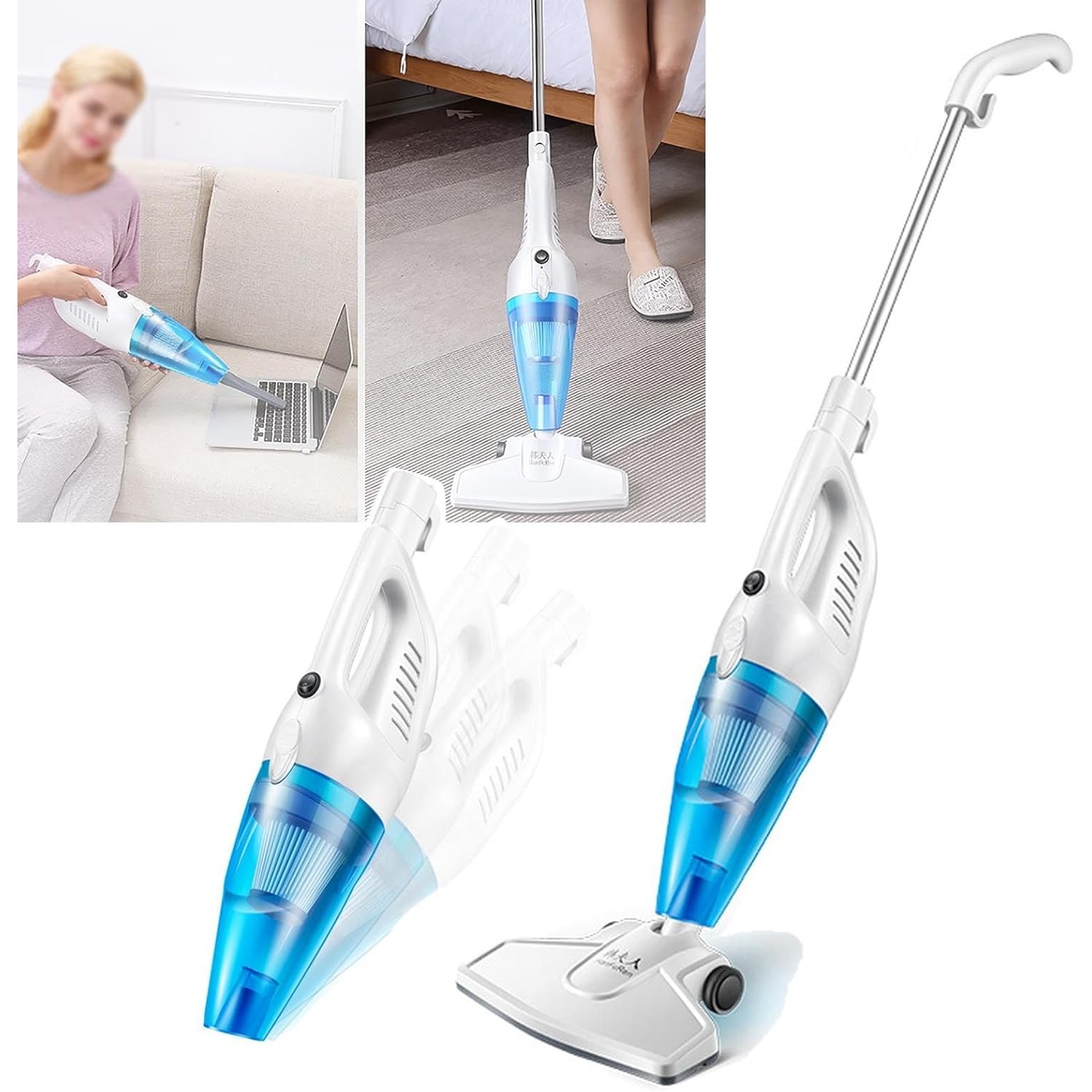 Aspirator Vertical 2in1, Flippy, Fara Sac, 2 Capete, de Mana, Filtrare Multipla, 95 x 24.5 cm, Albastru