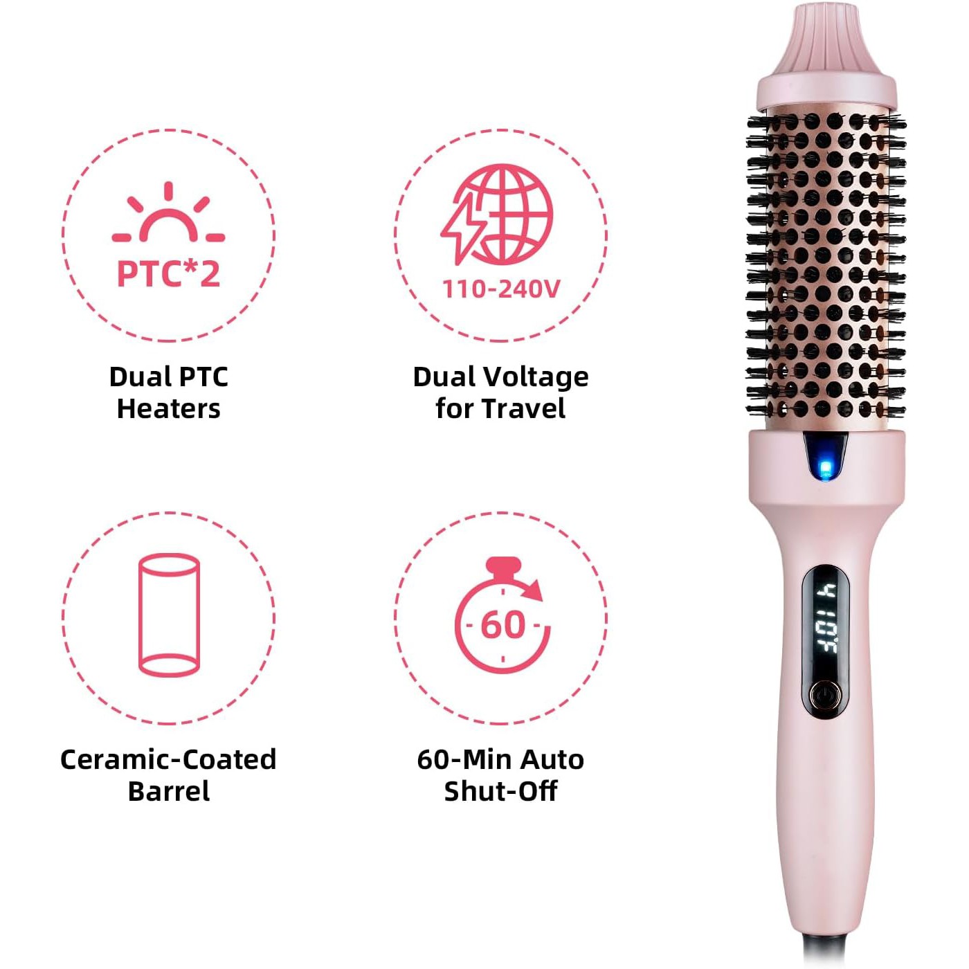 Perie termica cu infra rosu, Flippy, Pieptene Cald, Afisaj LED, cu Ioni Negativi si dubla Tensiune, Ondulare, Volumizare si Indreptare, Roz