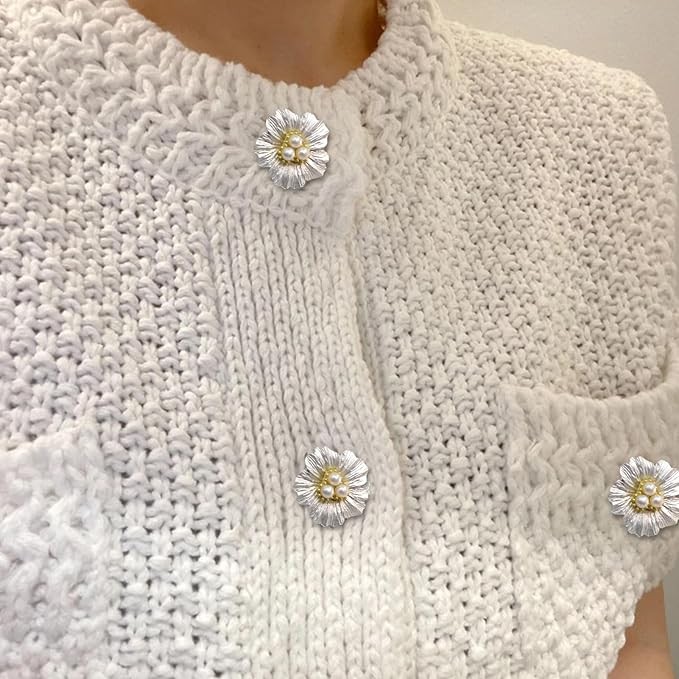 Accesoriu pentru Nasturi, Flippy, Model Floare cu Perle, din Metal, 2.5 x 1.7 cm, Argintiu