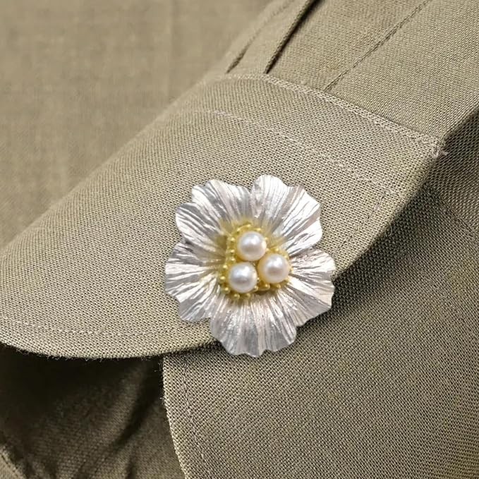 Accesoriu pentru Nasturi, Flippy, Model Floare cu Perle, din Metal, 2.5 x 1.7 cm, Argintiu