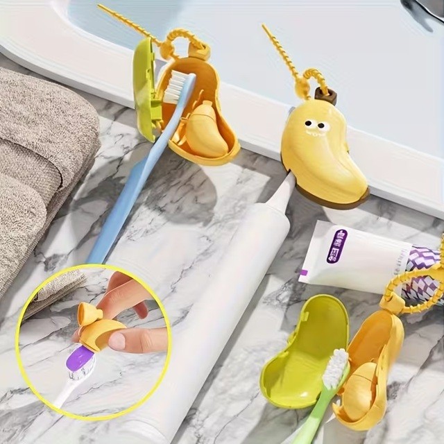 Capac Protector pentru Periuta de Dinti, Flippy, cu Recipient Pasta de Dinti, Portabil, cu Agatatoare, din Plastic 8.7 x 3 cm, Galben/Maro