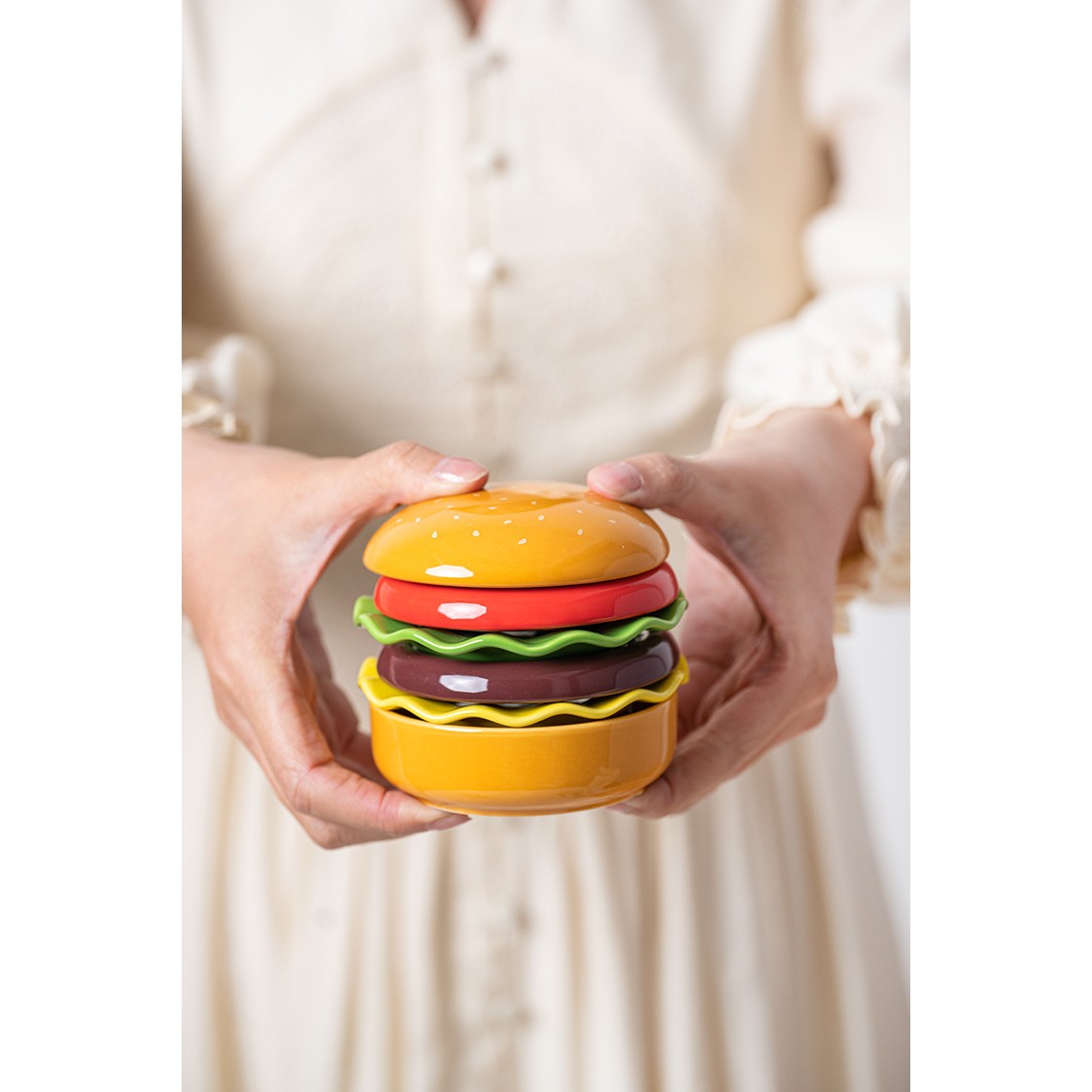 Set Farfurii Ceramice sub Forma de Burger, din Ceramica, pentru Sosuri si Gustari, Mini Farfurii Stivuibile, Multicolor