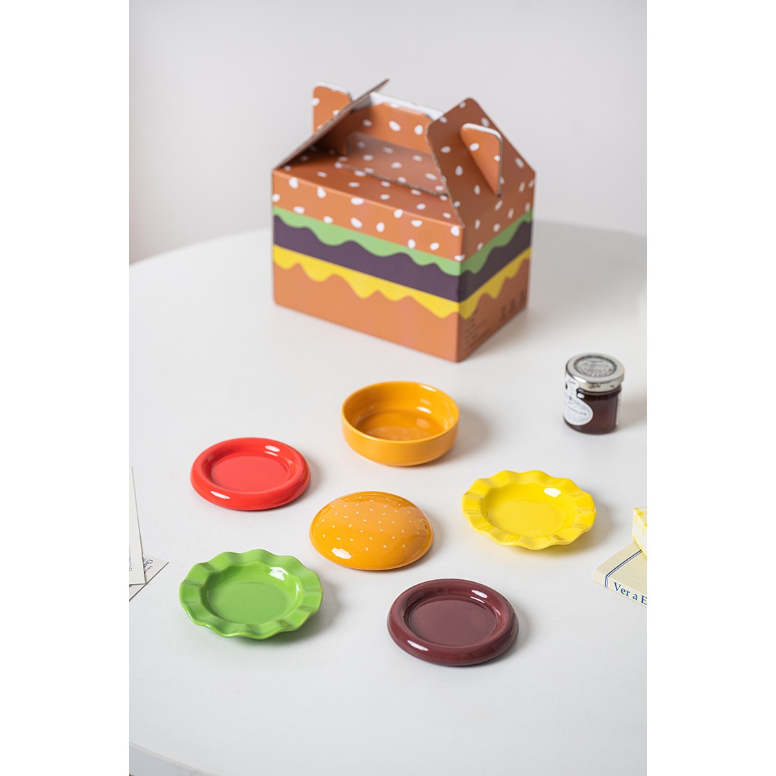 Set Farfurii Ceramice sub Forma de Burger, din Ceramica, pentru Sosuri si Gustari, Mini Farfurii Stivuibile, Multicolor