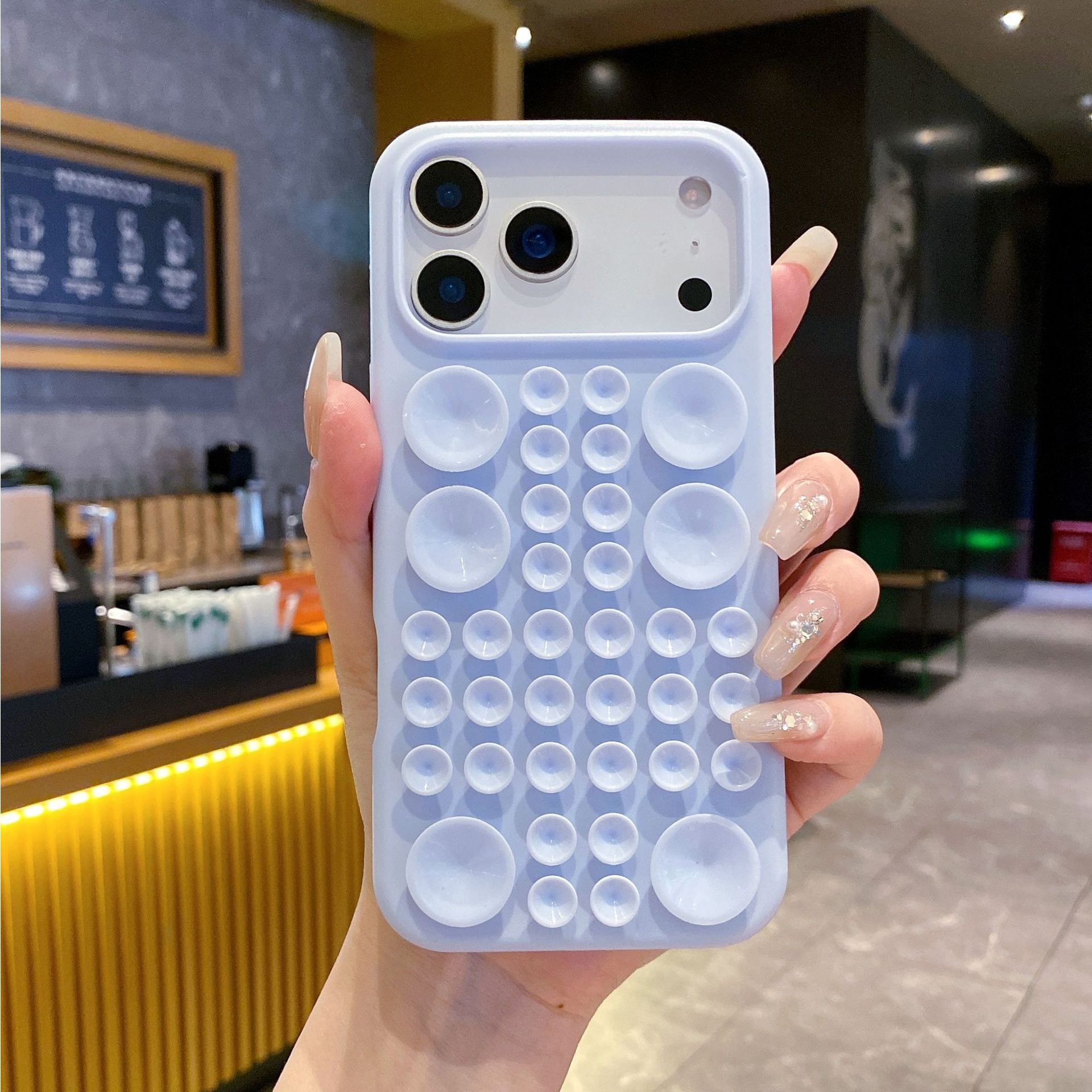 Husa cu Ventuze, Flippy, Compatibila iPhone 17 Pro, din Silicon, Interior Microfibra, Albastru Gri