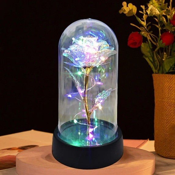 Trandafir in Cupola, Flippy, cu Lumina Led Multicolora, Baterii, 8.5 x 15 cm, Auriu