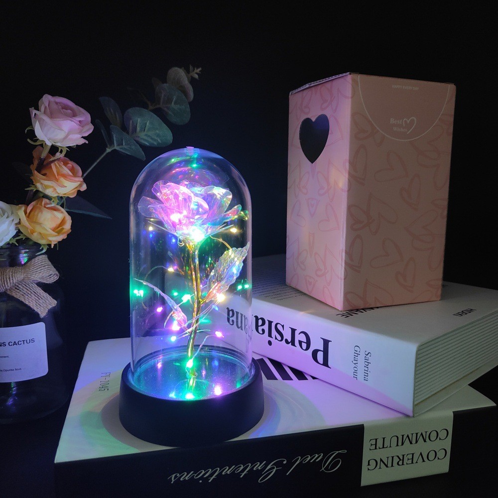 Trandafir in Cupola, Flippy, cu Lumina Led Multicolora, Baterii, 8.5 x 15 cm, Auriu