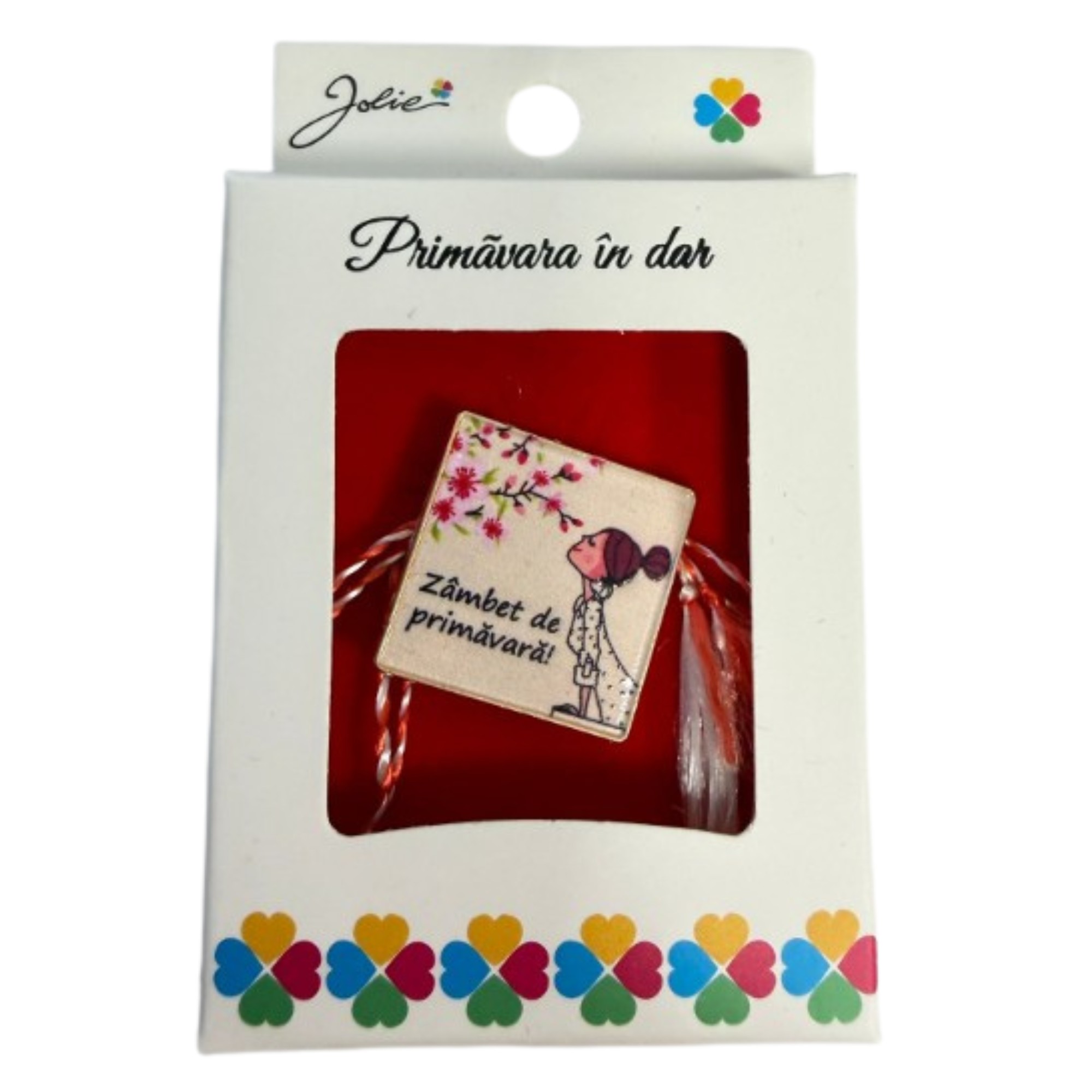Martisor Brosa Mica in Cutie, Jolie, Design cu Mesaj, Dimensiune 2.5-3 cm, Material Metal, Model Primavara