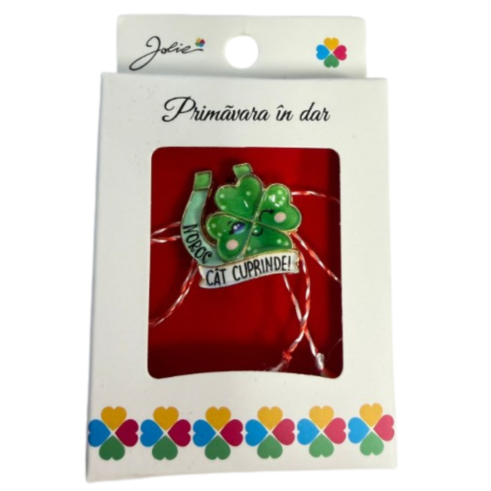 Martisor Brosa Mica in Cutie, Jolie, Design cu Mesaj, Dimensiune 2.5-3 cm, Material Metal, Model Trifoi cu Patru Foi Verde