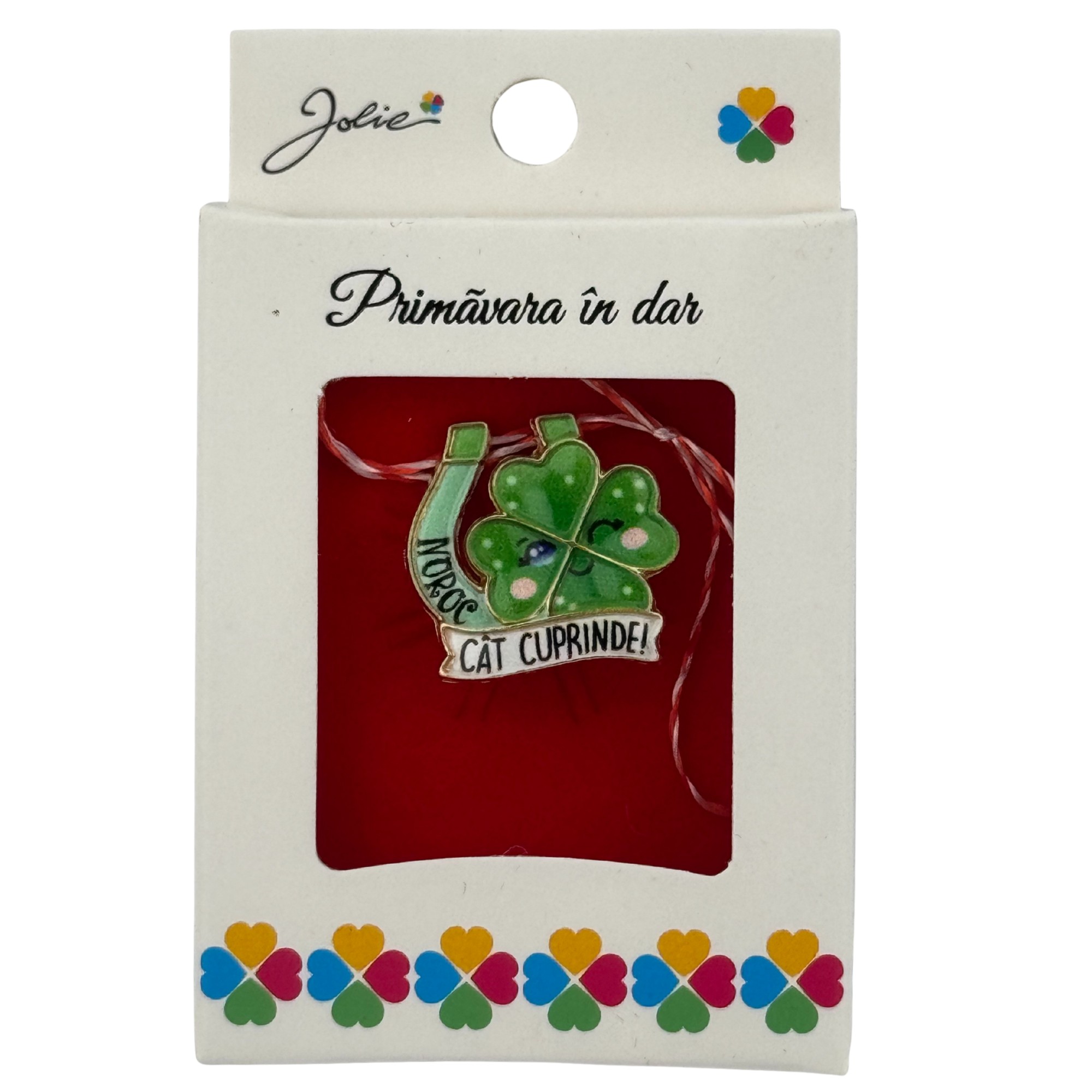 Martisor Brosa Mica in Cutie, Jolie, Design cu Mesaj, Dimensiune 2.5-3 cm, Material Metal, Model Trifoi cu Patru Foi Verde