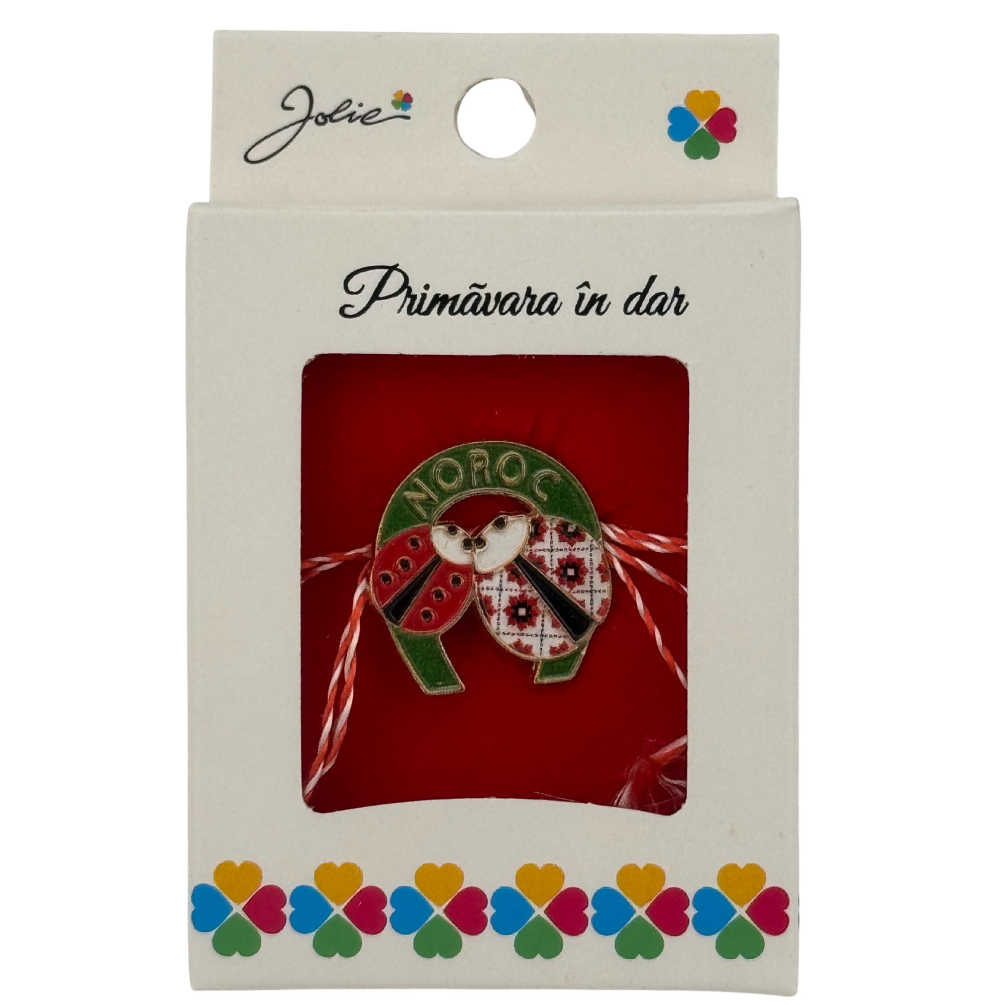 Martisor Brosa Mica in Cutie, Jolie, Design cu Mesaj, Dimensiune 2.5-3 cm, Material Metal, Model Potcoava si Buburuza