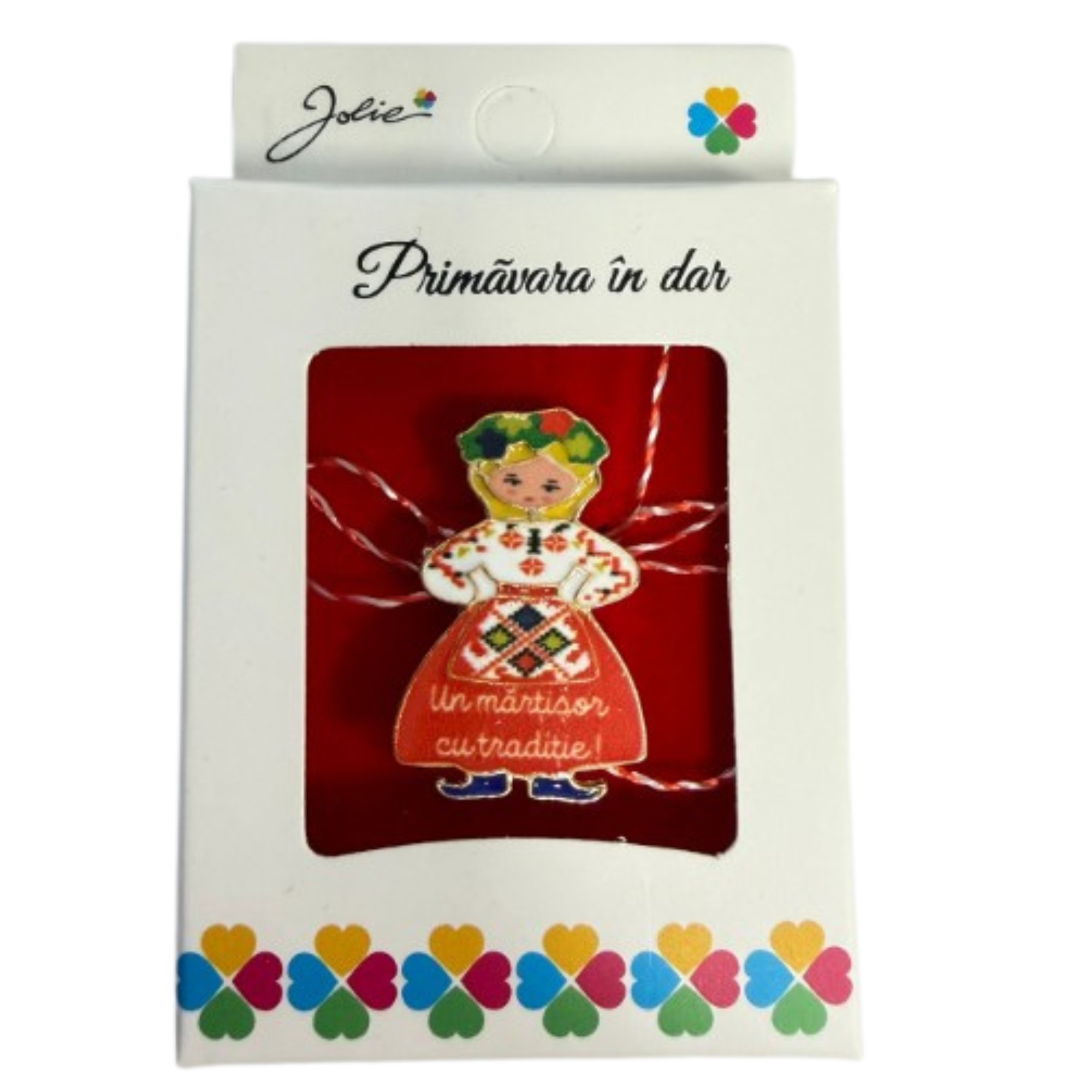 Martisor Brosa Mica in Cutie, Jolie, Design cu Mesaj, Dimensiune 2.5-3 cm, Material Metal, Model Fata Traditional