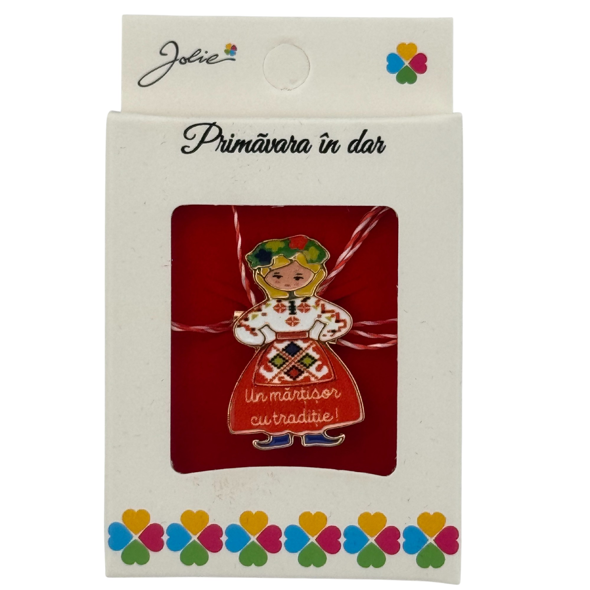 Martisor Brosa Mica in Cutie, Jolie, Design cu Mesaj, Dimensiune 2.5-3 cm, Material Metal, Model Fata Traditional