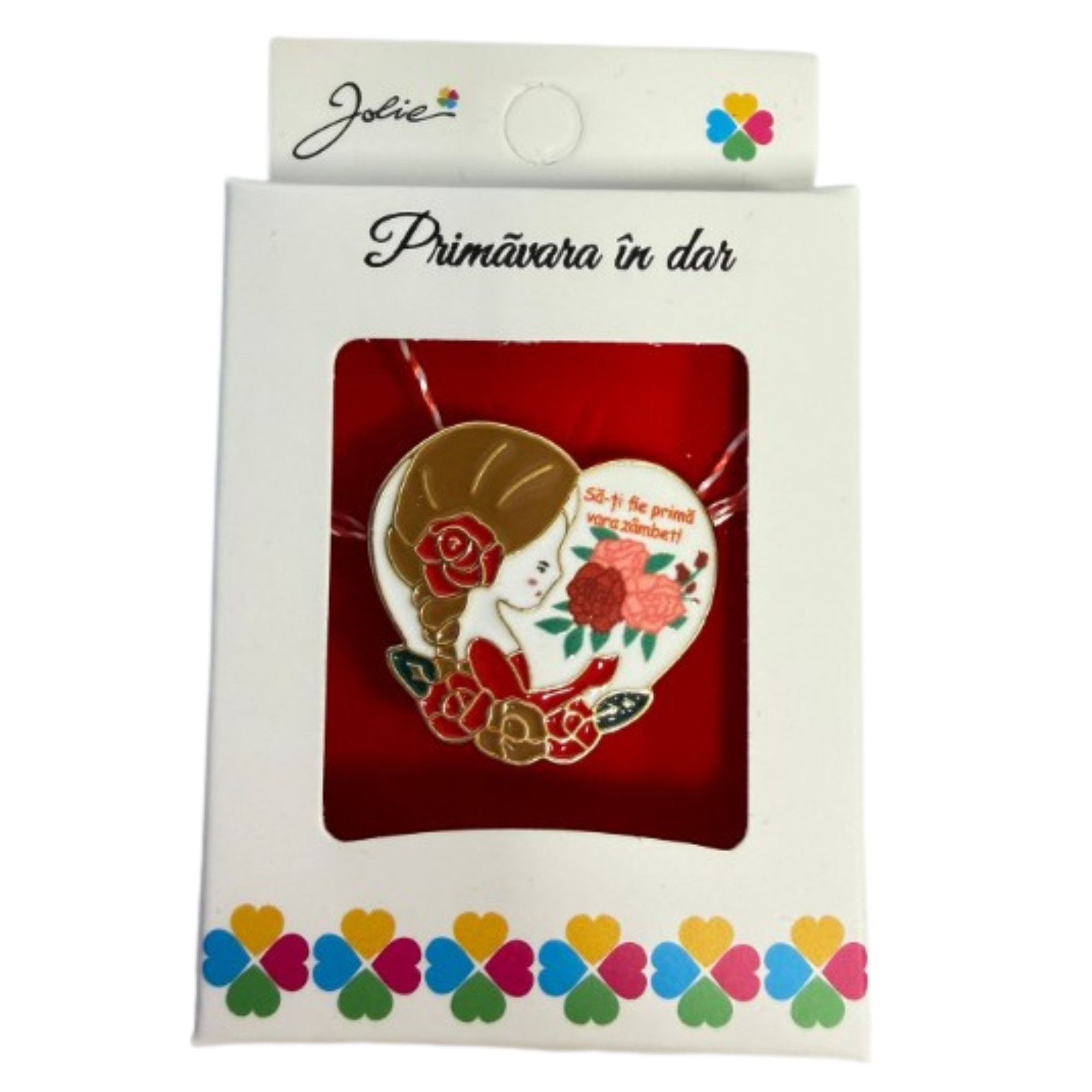 Martisor Brosa Mica in Cutie, Jolie, Design cu Mesaj, Dimensiune 2.5-3 cm, Material Metal, Model Fetita Inima