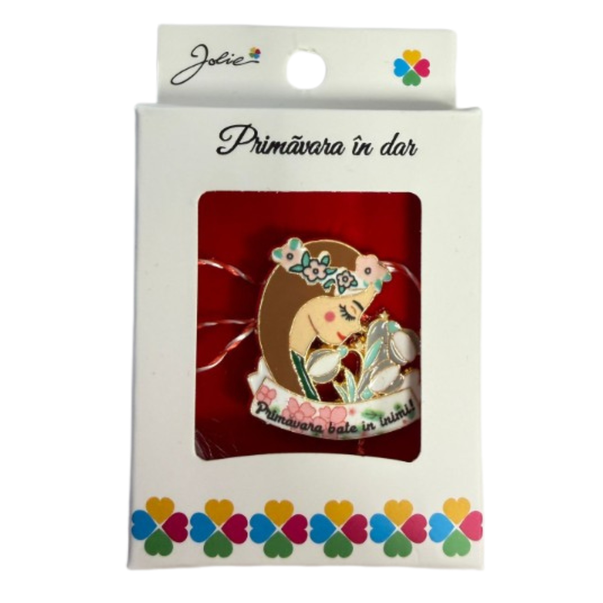 Martisor Brosa Mica in Cutie, Jolie, Design cu Mesaj, Material Metal, Dimensiune 2.5-3 cm, Model Traditional Fata cu Flori