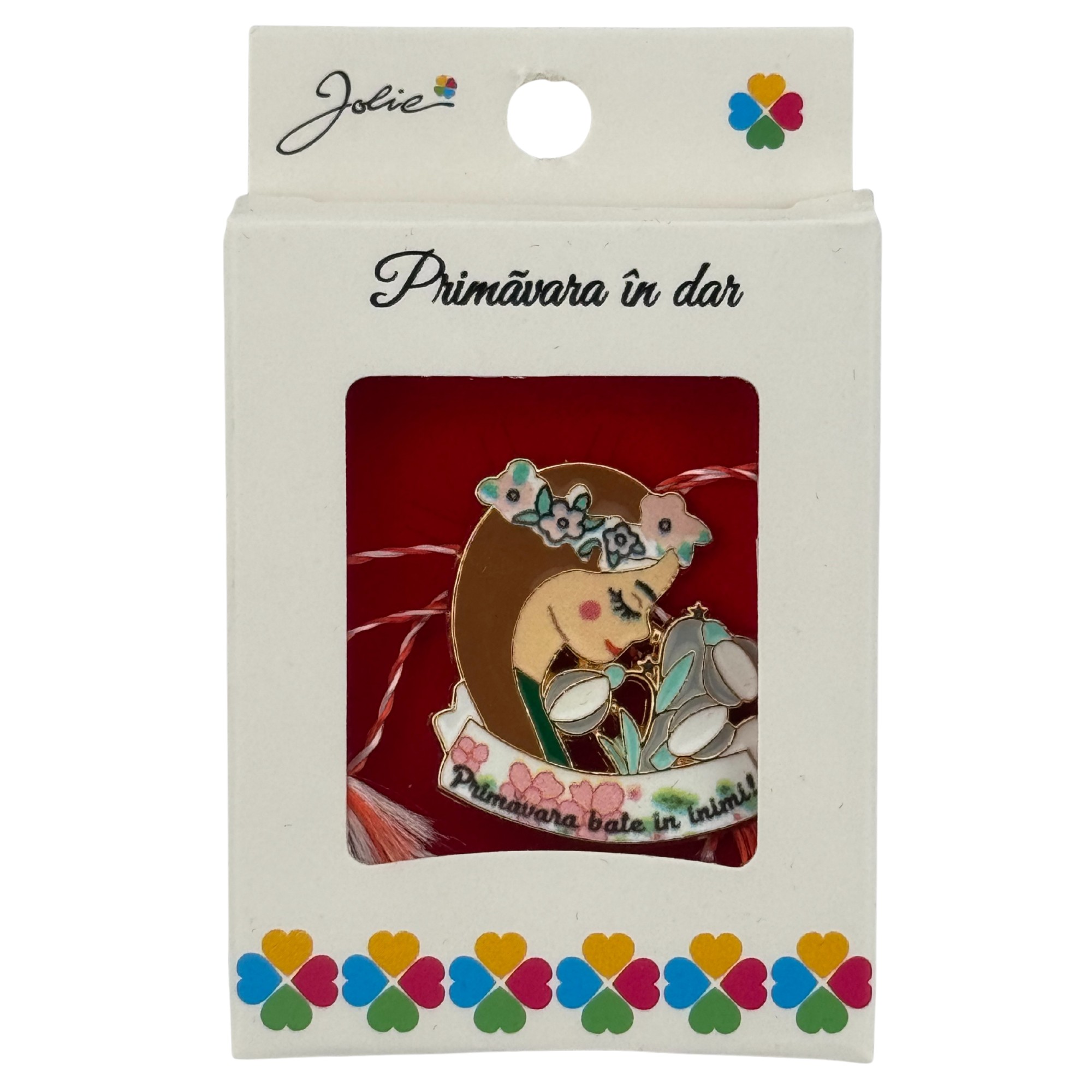 Martisor Brosa Mica in Cutie, Jolie, Design cu Mesaj, Material Metal, Dimensiune 2.5-3 cm, Model Traditional Fata cu Flori