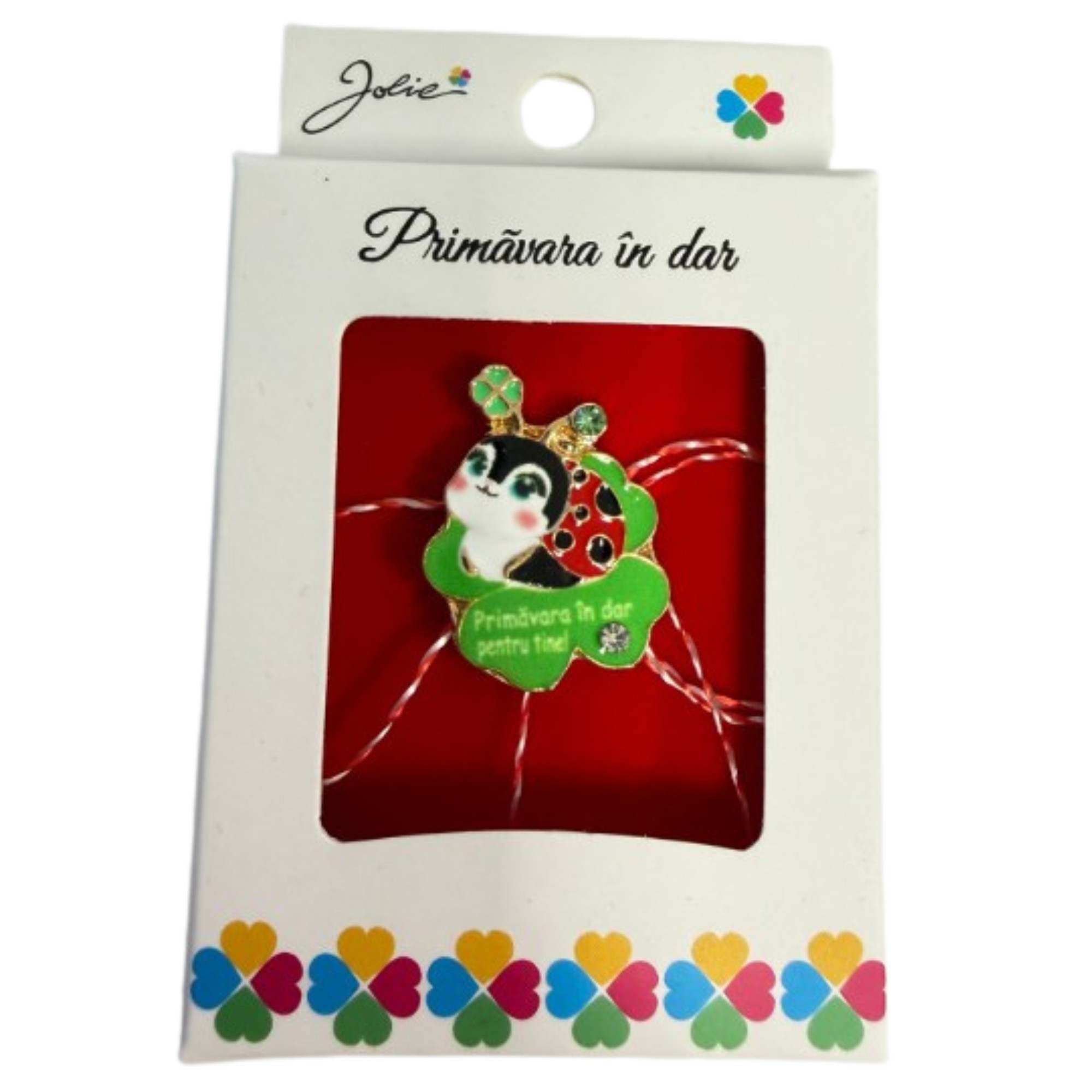 Martisor Brosa Mica in Cutie, Jolie, Design cu Mesaj, Dimensiune 2.5-3 cm, Material Metal, Model Trifoi si Buburuza