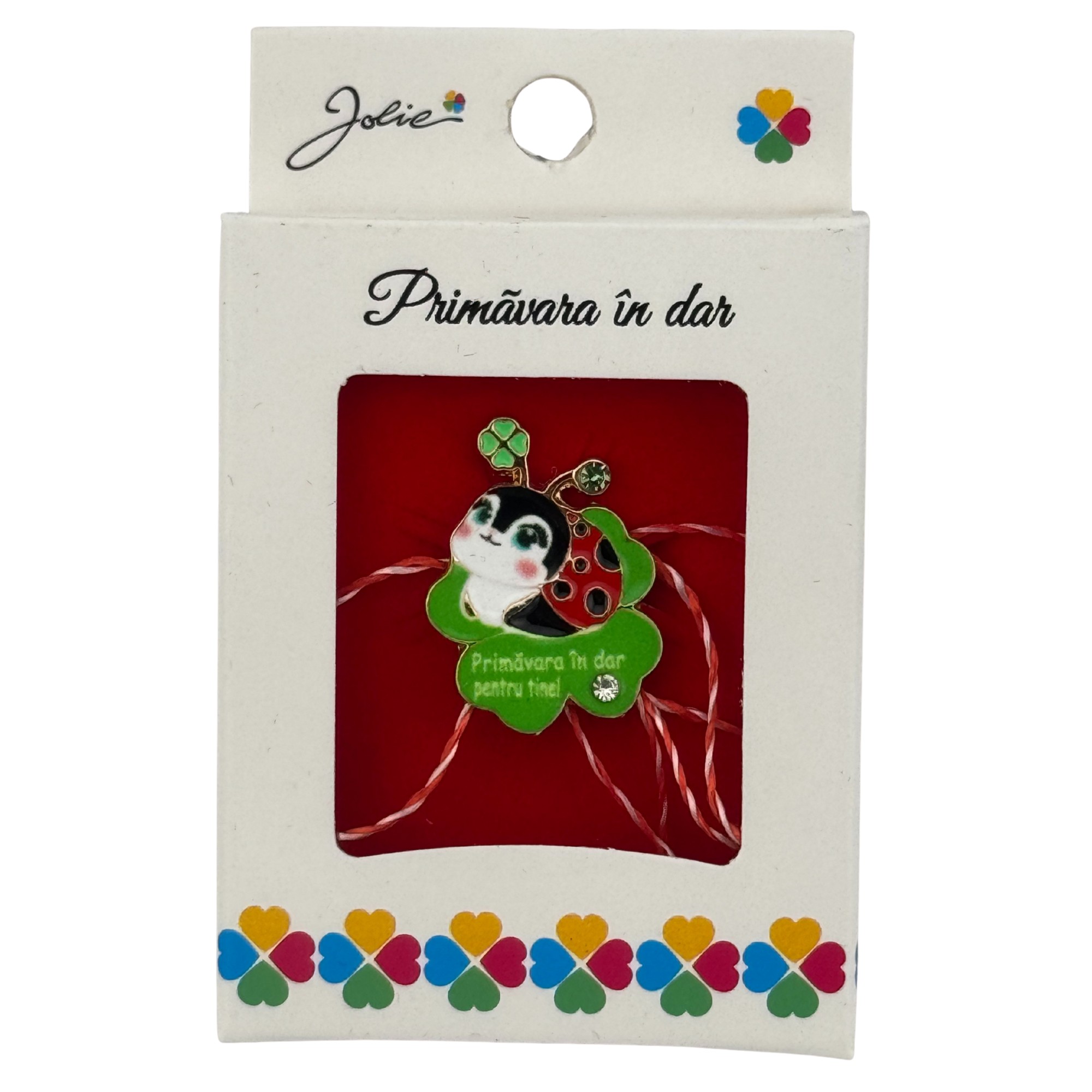 Martisor Brosa Mica in Cutie, Jolie, Design cu Mesaj, Dimensiune 2.5-3 cm, Material Metal, Model Trifoi si Buburuza