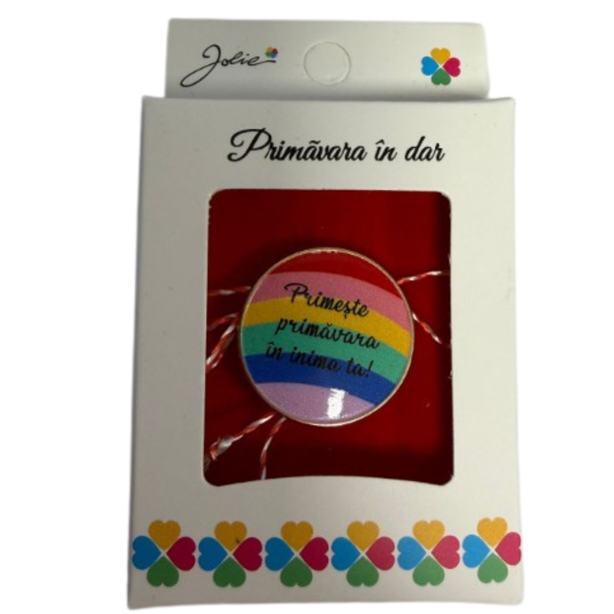 Martisor Brosa Mica in Cutie, Jolie, Design cu Mesaj, Dimensiune 2.5-3 cm, Material Metal, Model Rotund Curcubeu