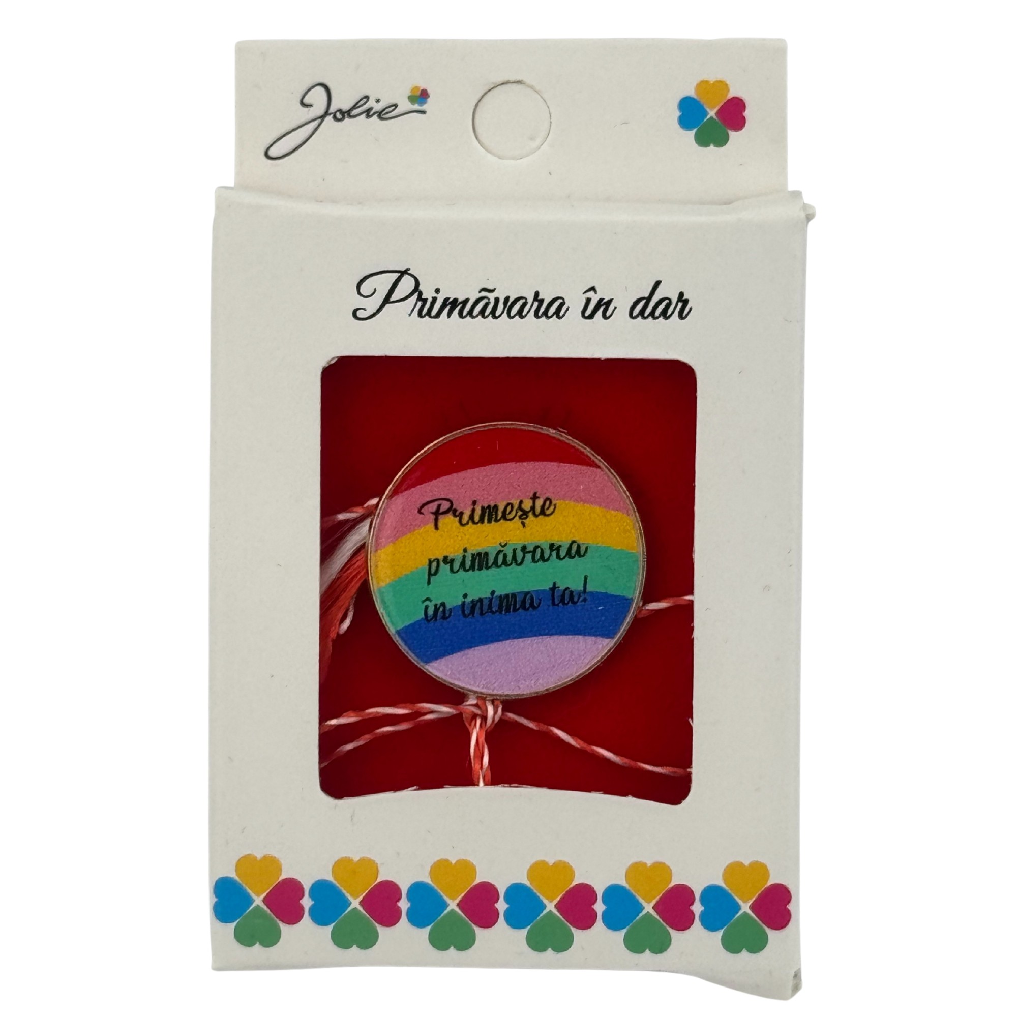 Martisor Brosa Mica in Cutie, Jolie, Design cu Mesaj, Dimensiune 2.5-3 cm, Material Metal, Model Rotund Curcubeu