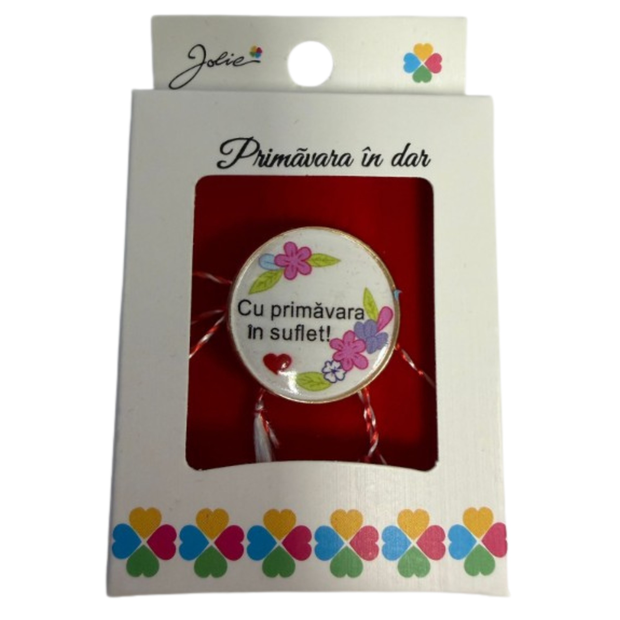 Martisor Brosa Mica in Cutie, Jolie, Design cu Mesaj, Dimensiune 2.5-3 cm, Material Metal, Model Rotund Flori