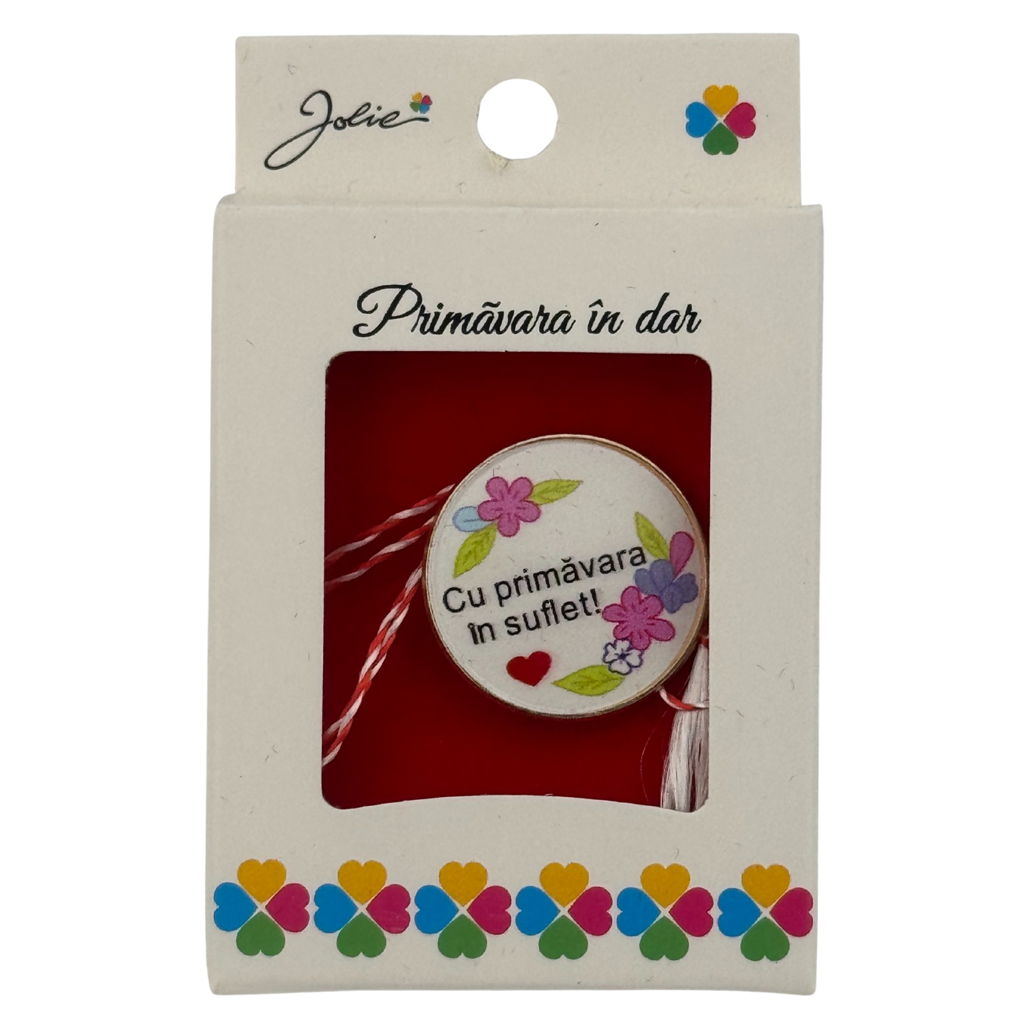 Martisor Brosa Mica in Cutie, Jolie, Design cu Mesaj, Dimensiune 2.5-3 cm, Material Metal, Model Rotund Flori