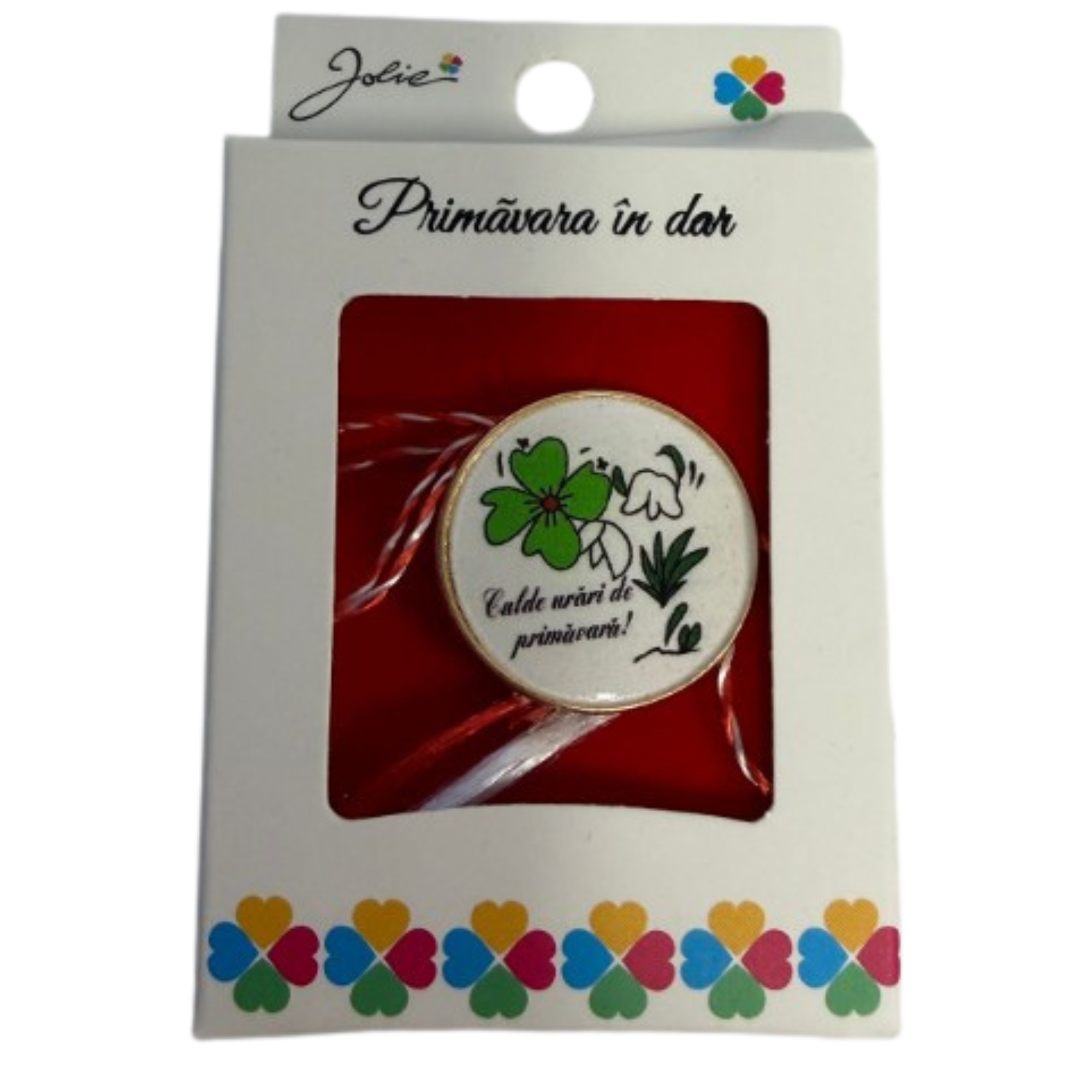 Martisor Brosa Mica in Cutie, Jolie, Design cu Mesaj, Dimensiune 2.5-3 cm, Material Metal, Model Rotund Trifoi/Flori