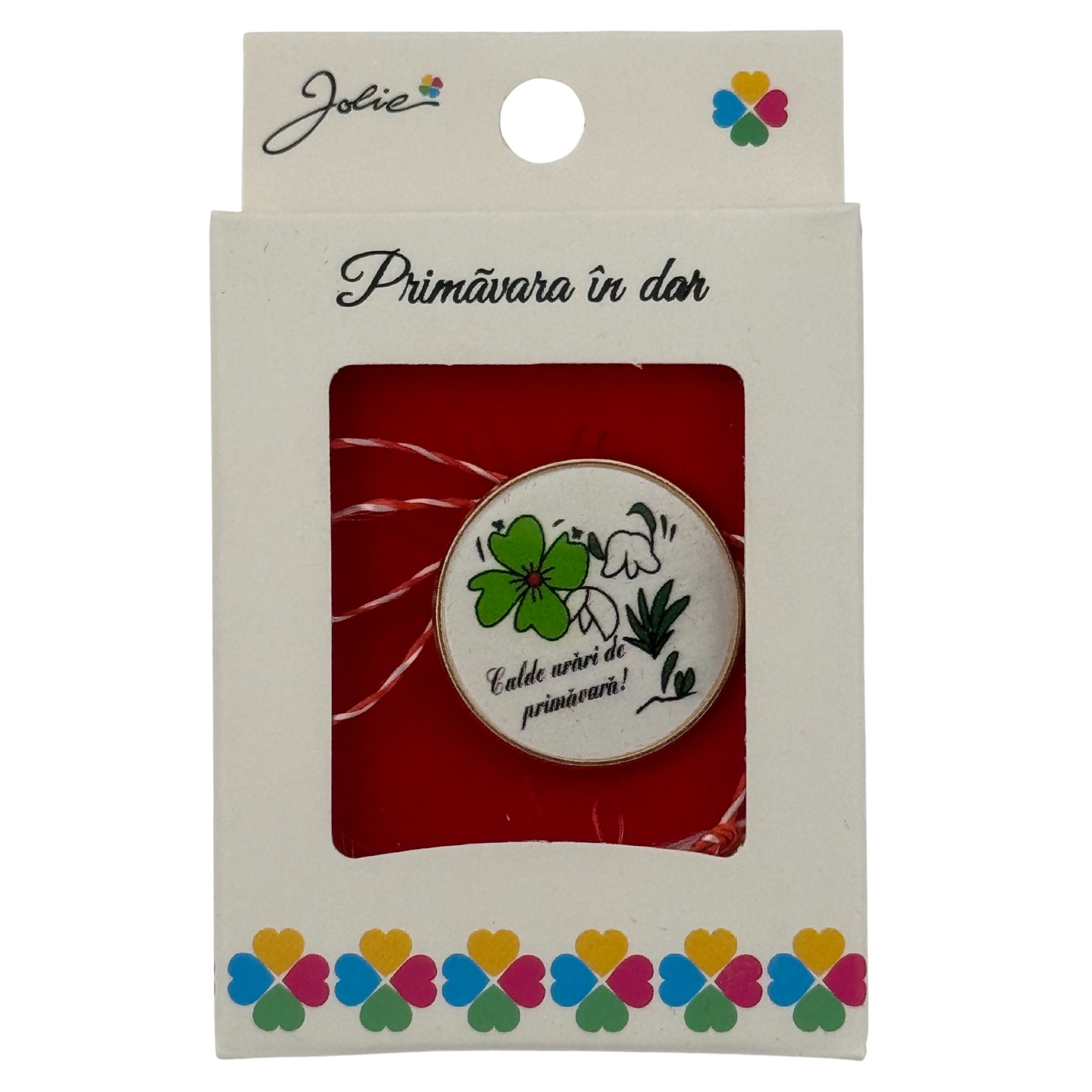 Martisor Brosa Mica in Cutie, Jolie, Design cu Mesaj, Dimensiune 2.5-3 cm, Material Metal, Model Rotund Trifoi/Flori