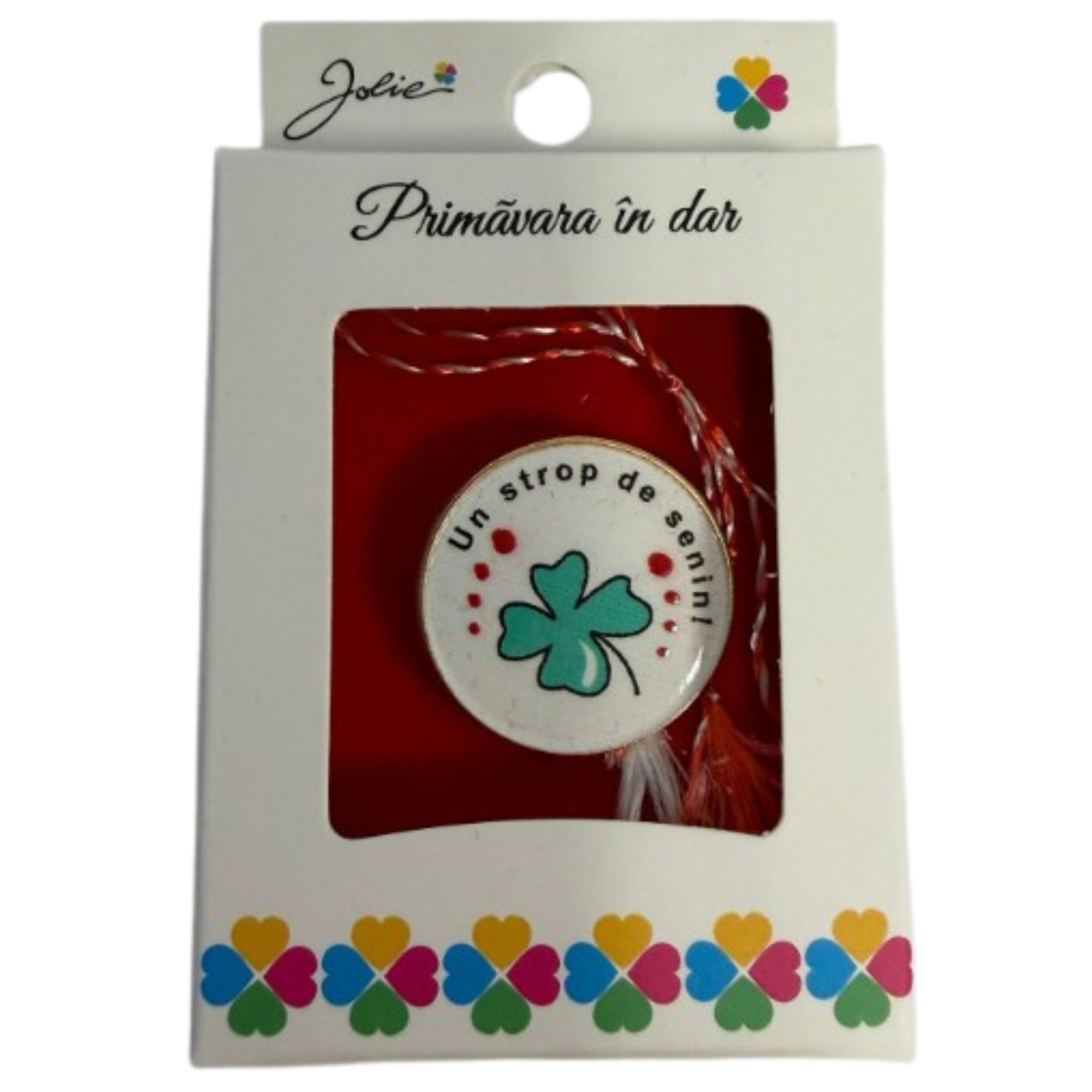 Martisor Brosa Mica in Cutie, Jolie, Design cu Mesaj, Dimensiune 2.5-3 cm, Material Metal, Model Rotund Trifoi