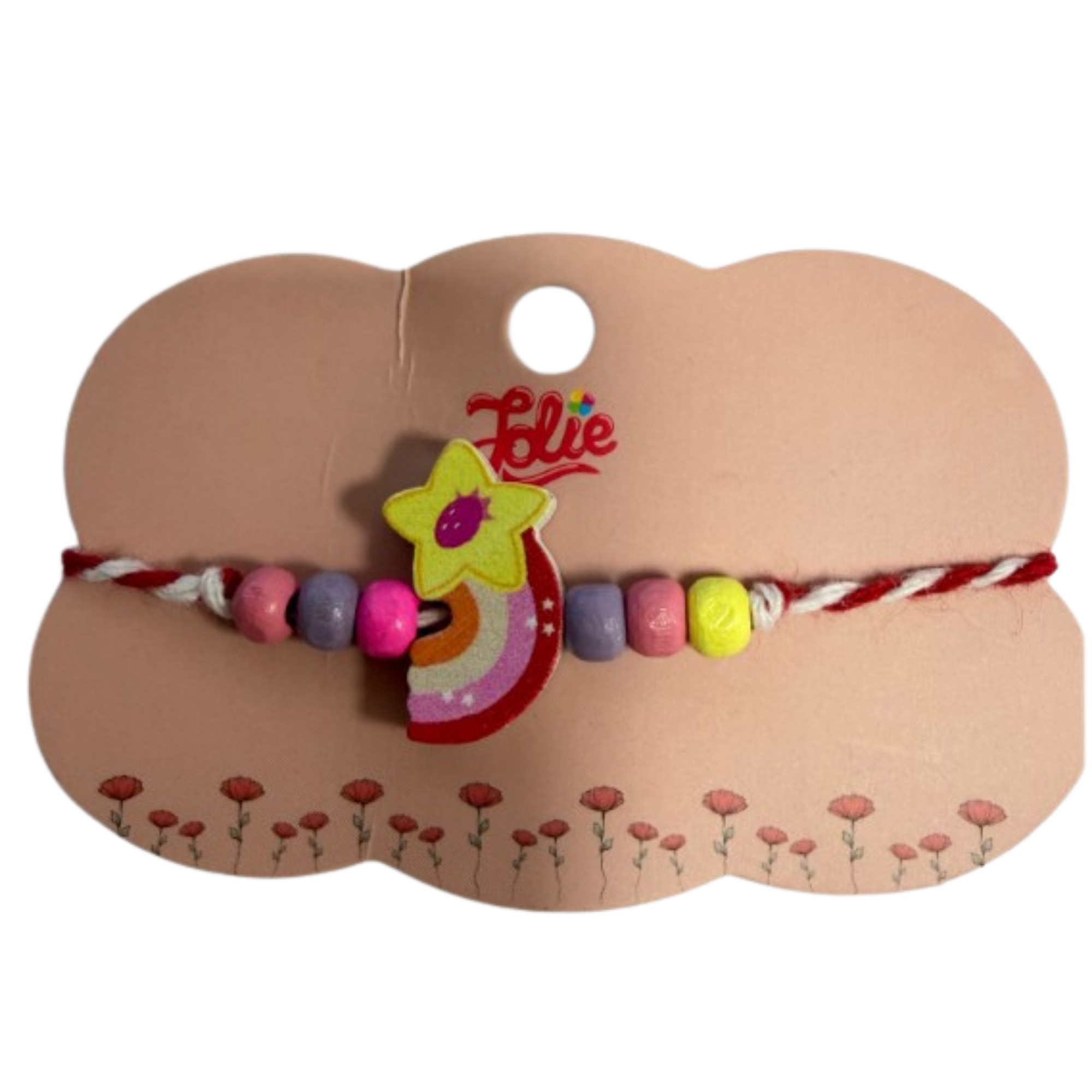 Martisor Bratara Multicolora pentru Copii, Jolie, din Lemn si Textil, Model Steluta Curcubeu