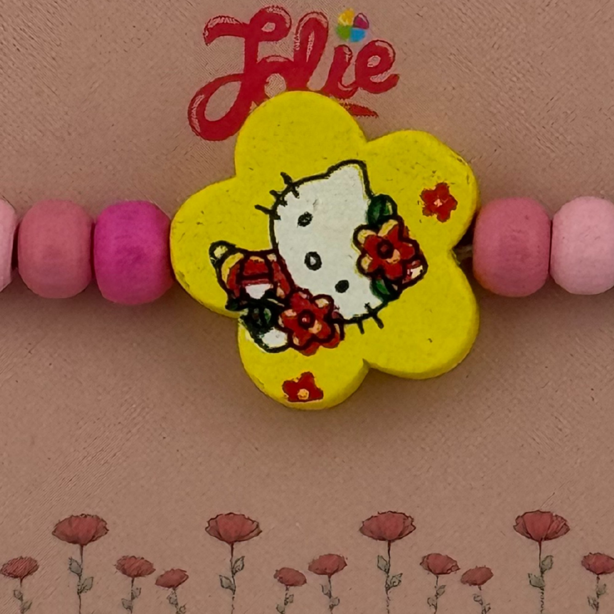 Martisor Bratara Multicolora pentru Copii, Jolie, din Lemn si Textil, Model Pisica