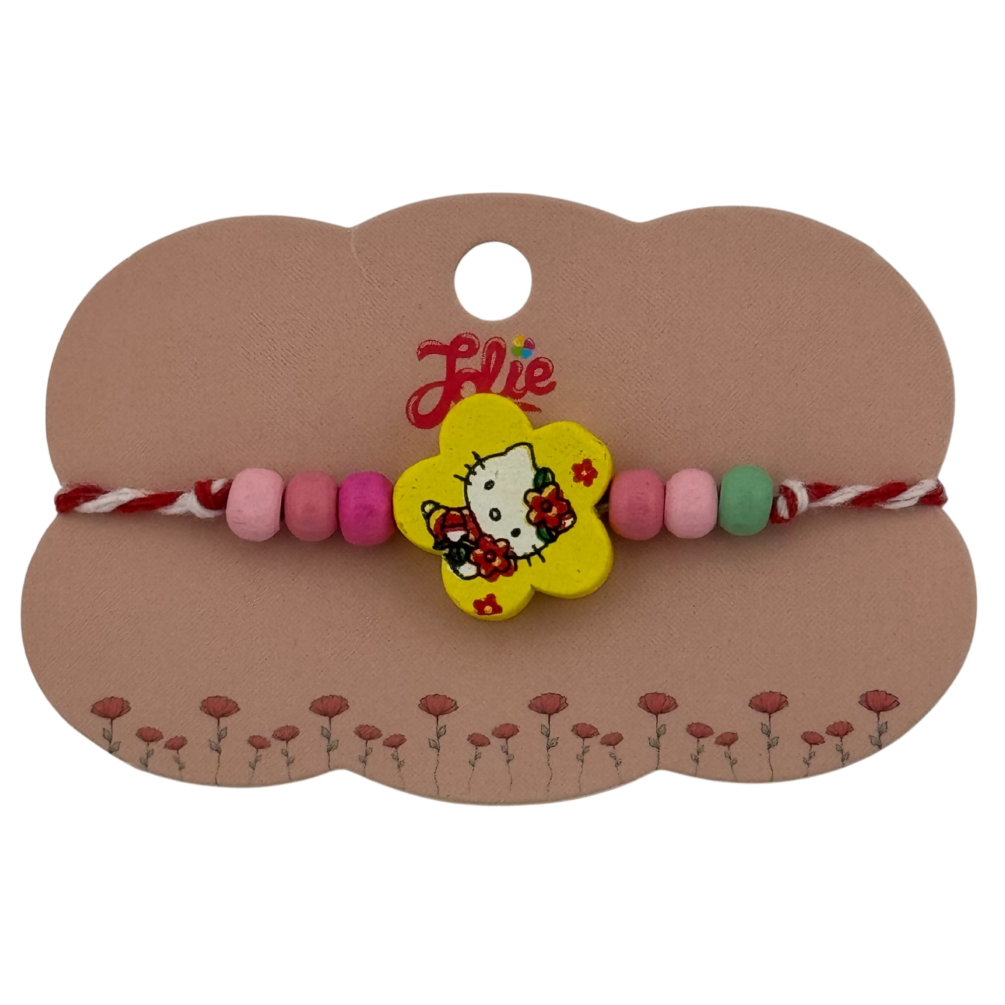 Martisor Bratara Multicolora pentru Copii, Jolie, din Lemn si Textil, Model Pisica