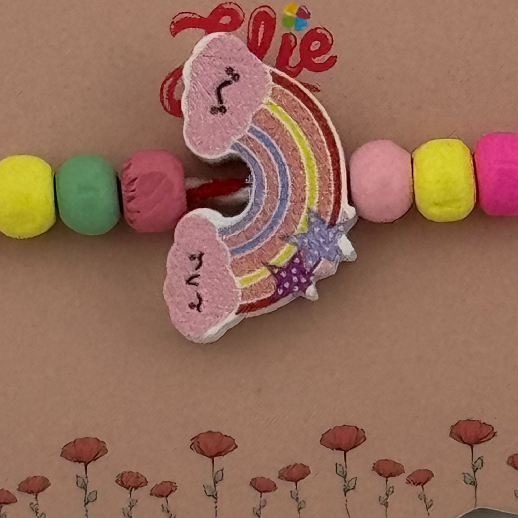 Martisor Bratara Multicolora pentru Copii, Jolie, din Lemn si Textil, Model Curcubeu