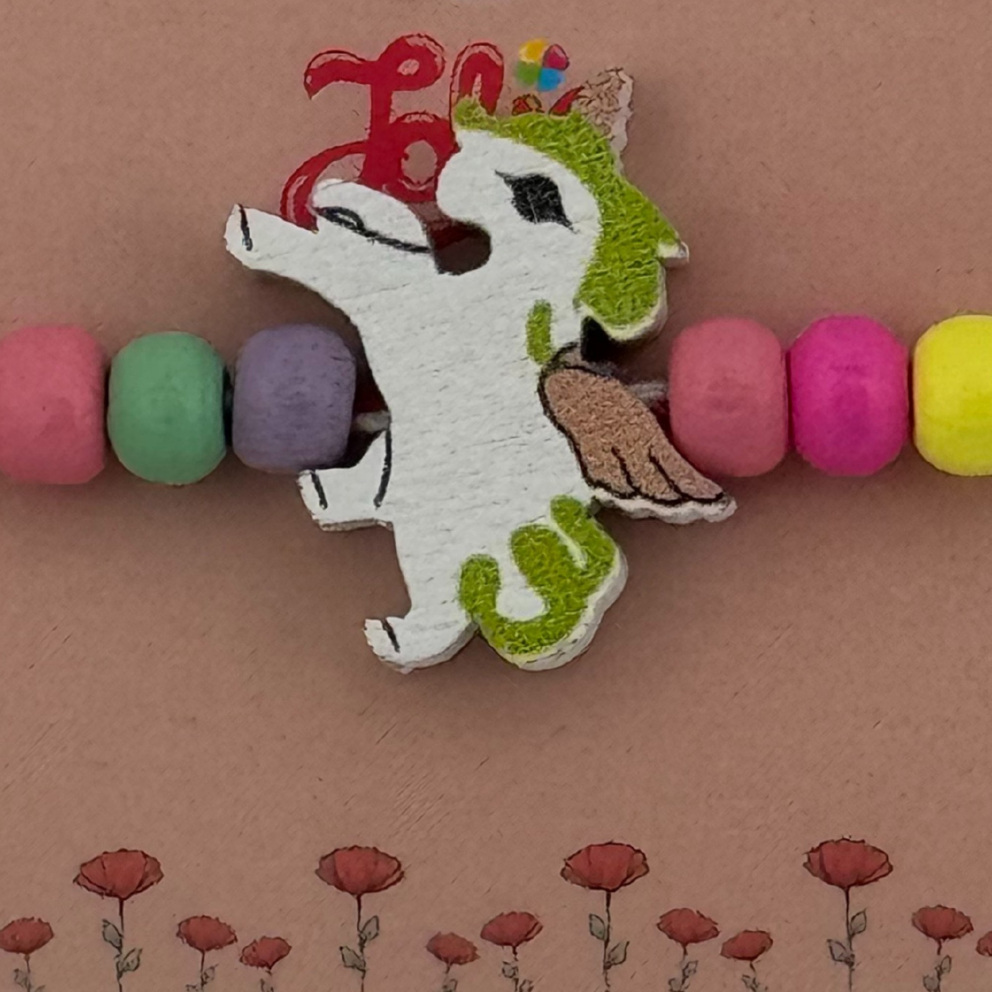 Martisor Bratara Multicolora pentru Copii, Jolie, din Lemn si Textil, Model Unicorn