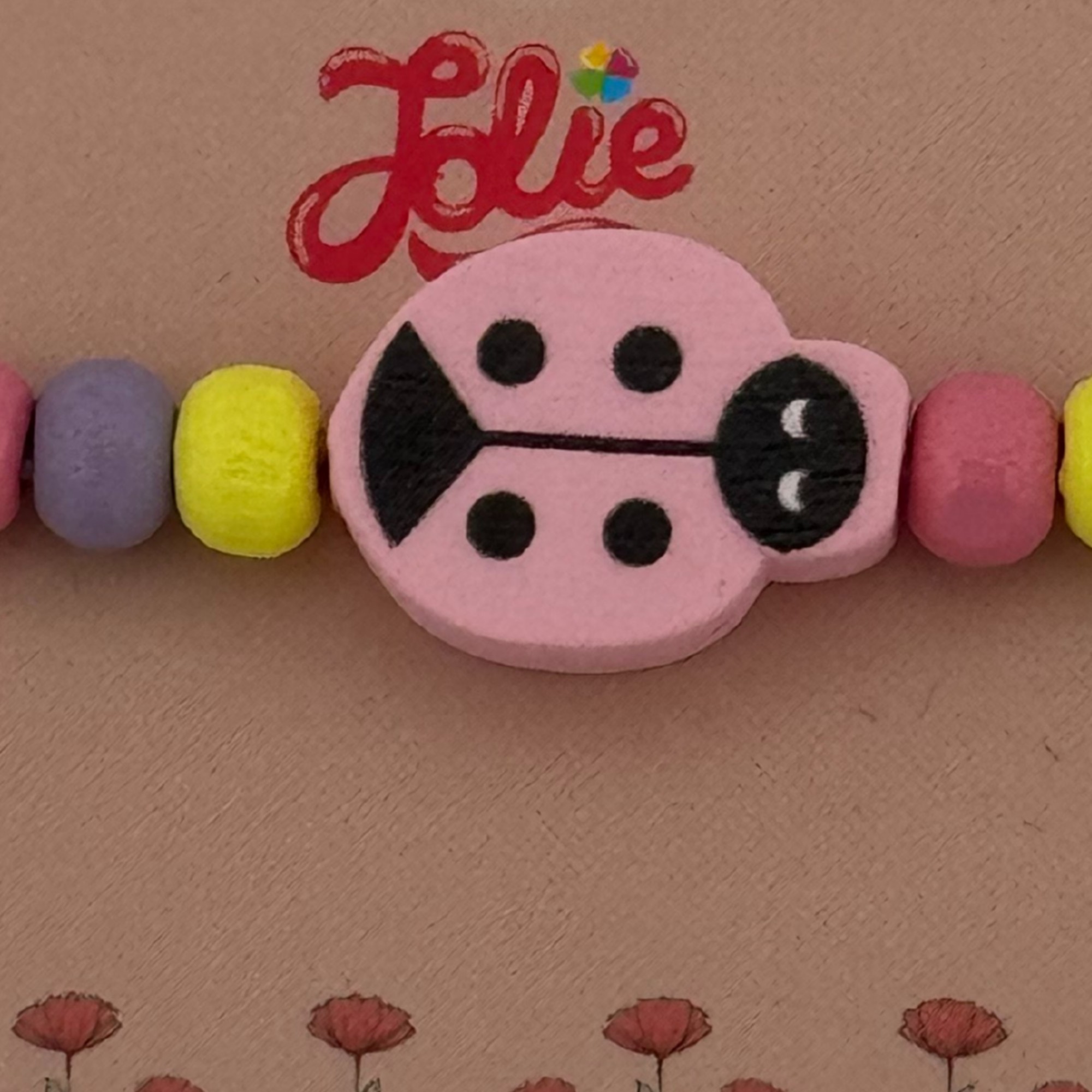 Martisor Bratara Multicolora pentru Copii, Jolie, din Lemn si Textil, Model Buburuza