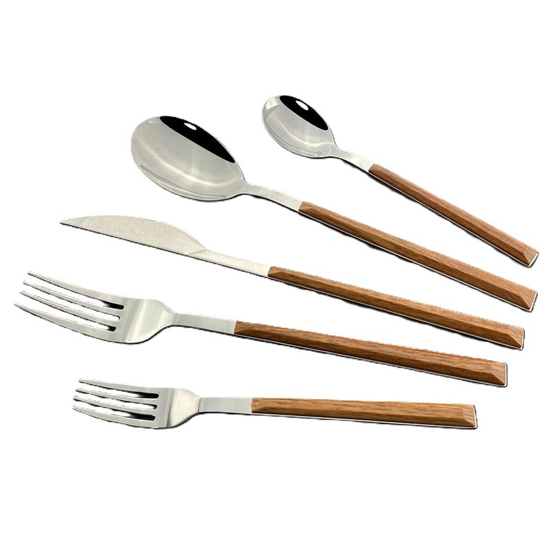 Set 5 Tacamuri, Flippy, din Otel Inoxidabil si Maner de Lemn, Maro