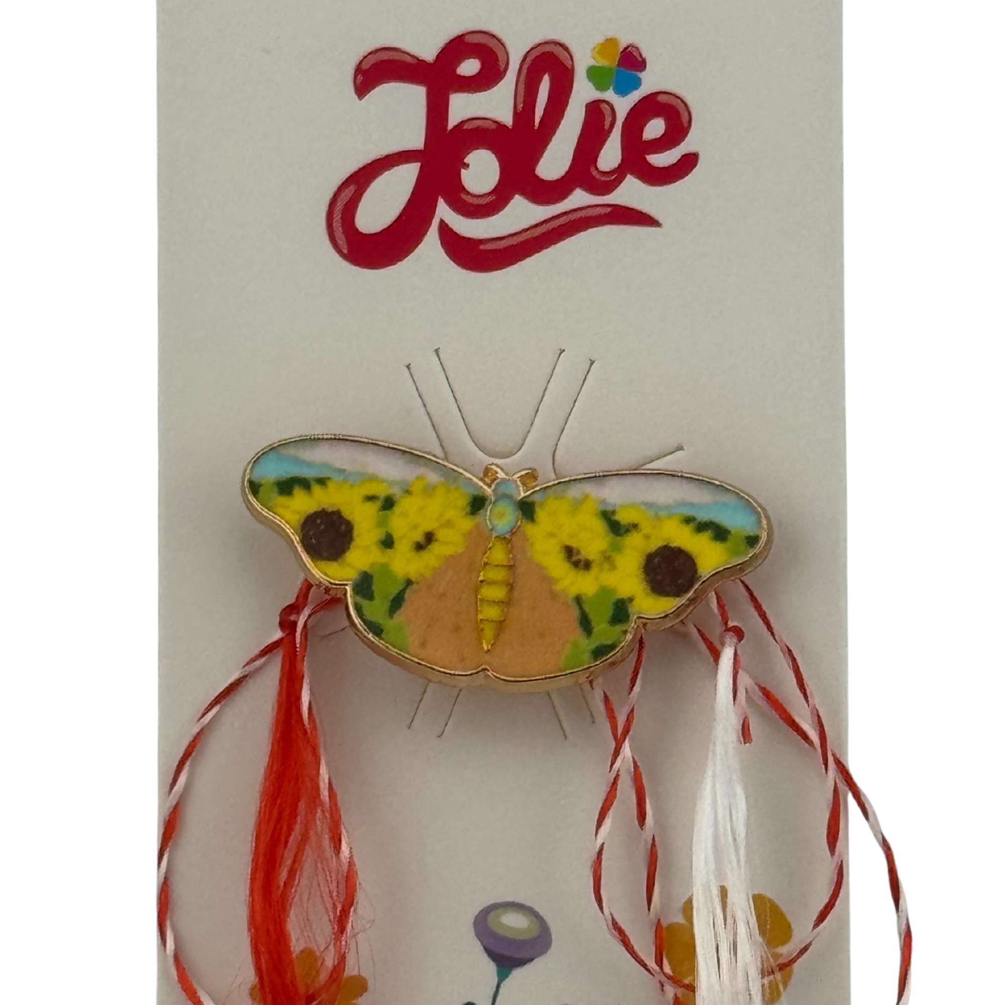 Martisor pentru copii, Jolie, Material Metal, Ambalaj Carton cu Design, Dimensiune Brosa Aproximativ 2x2 cm, Multicolor, Model Fluturas