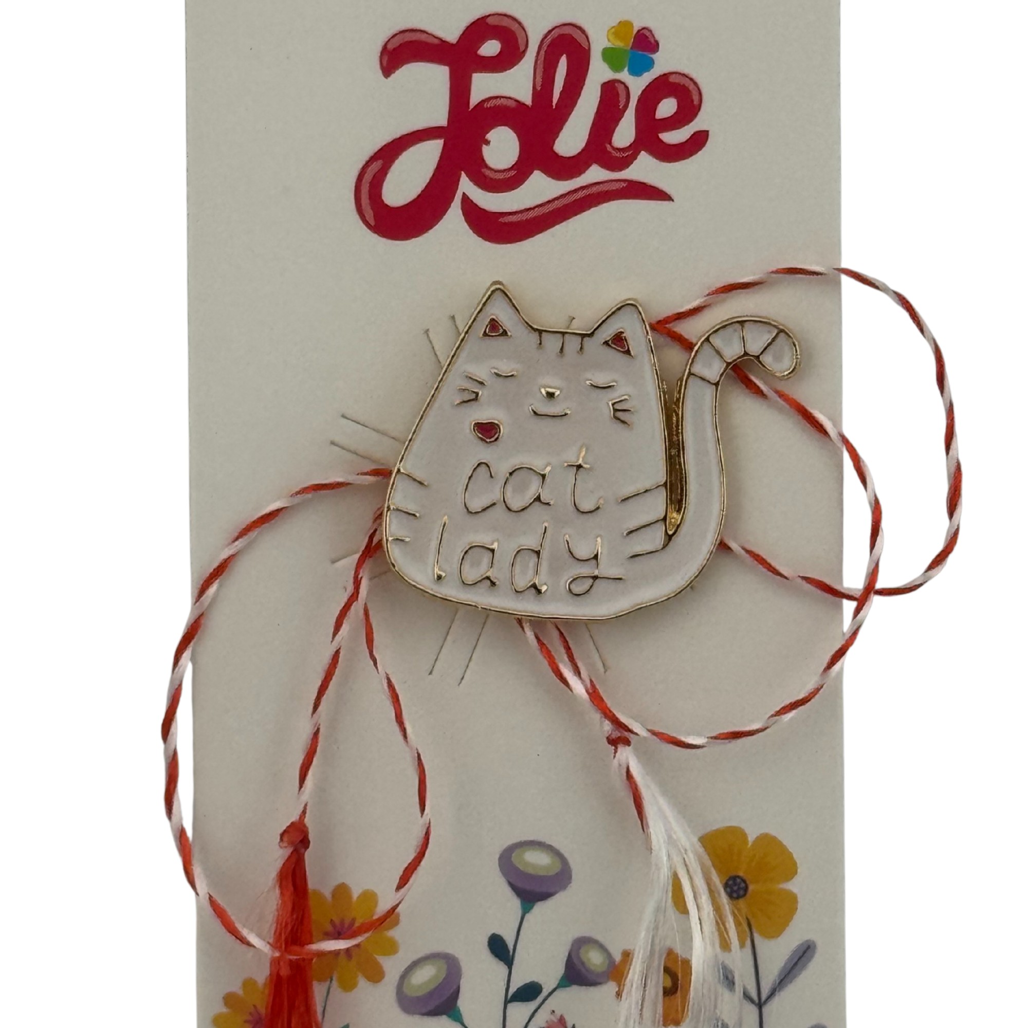Martisor pentru copii, Jolie, Material Metal, Ambalaj Carton cu Design, Dimensiune Brosa Aproximativ 2x2 cm, Multicolor, cu Mesaj, Model Pisica