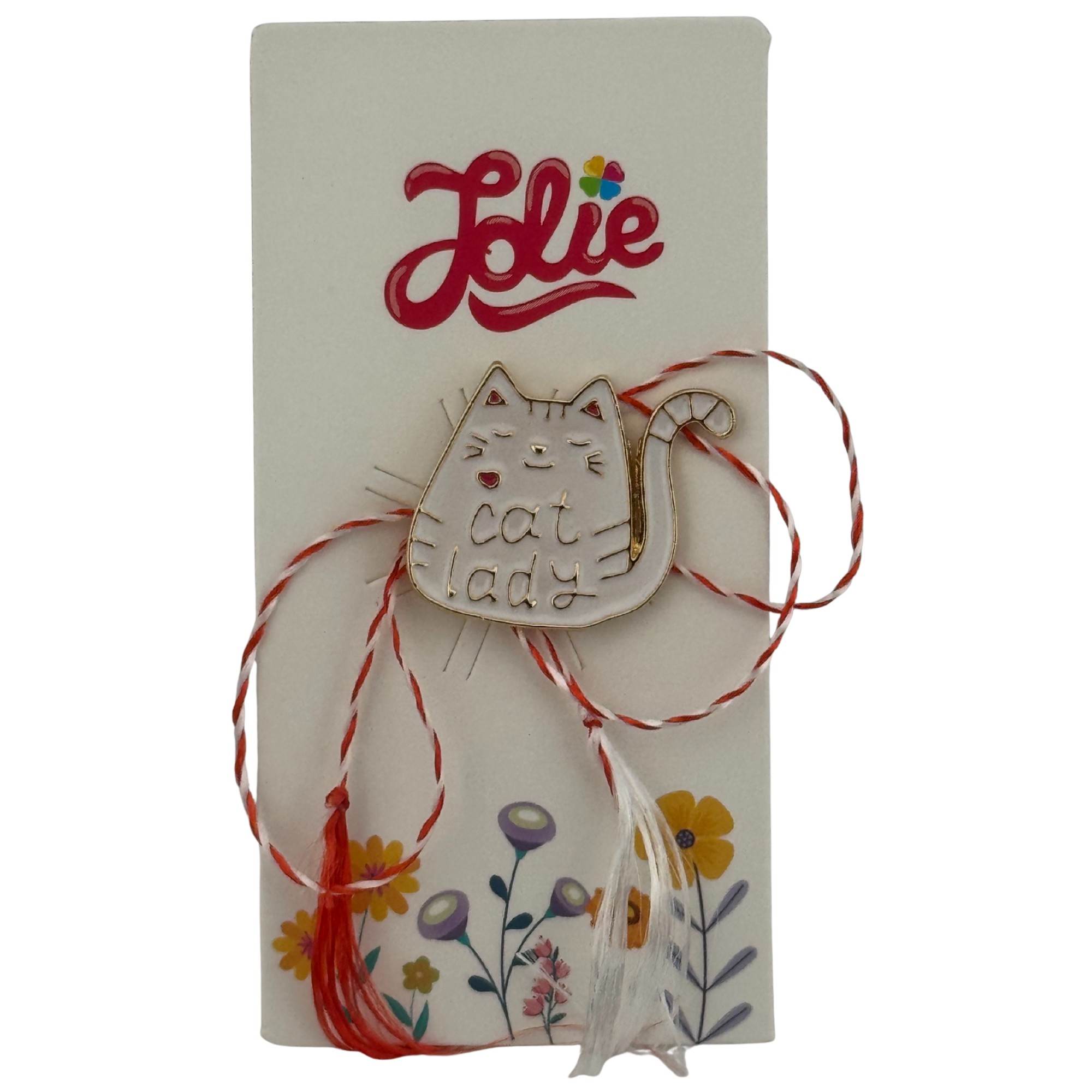 Martisor pentru copii, Jolie, Material Metal, Ambalaj Carton cu Design, Dimensiune Brosa Aproximativ 2x2 cm, Multicolor, cu Mesaj, Model Pisica