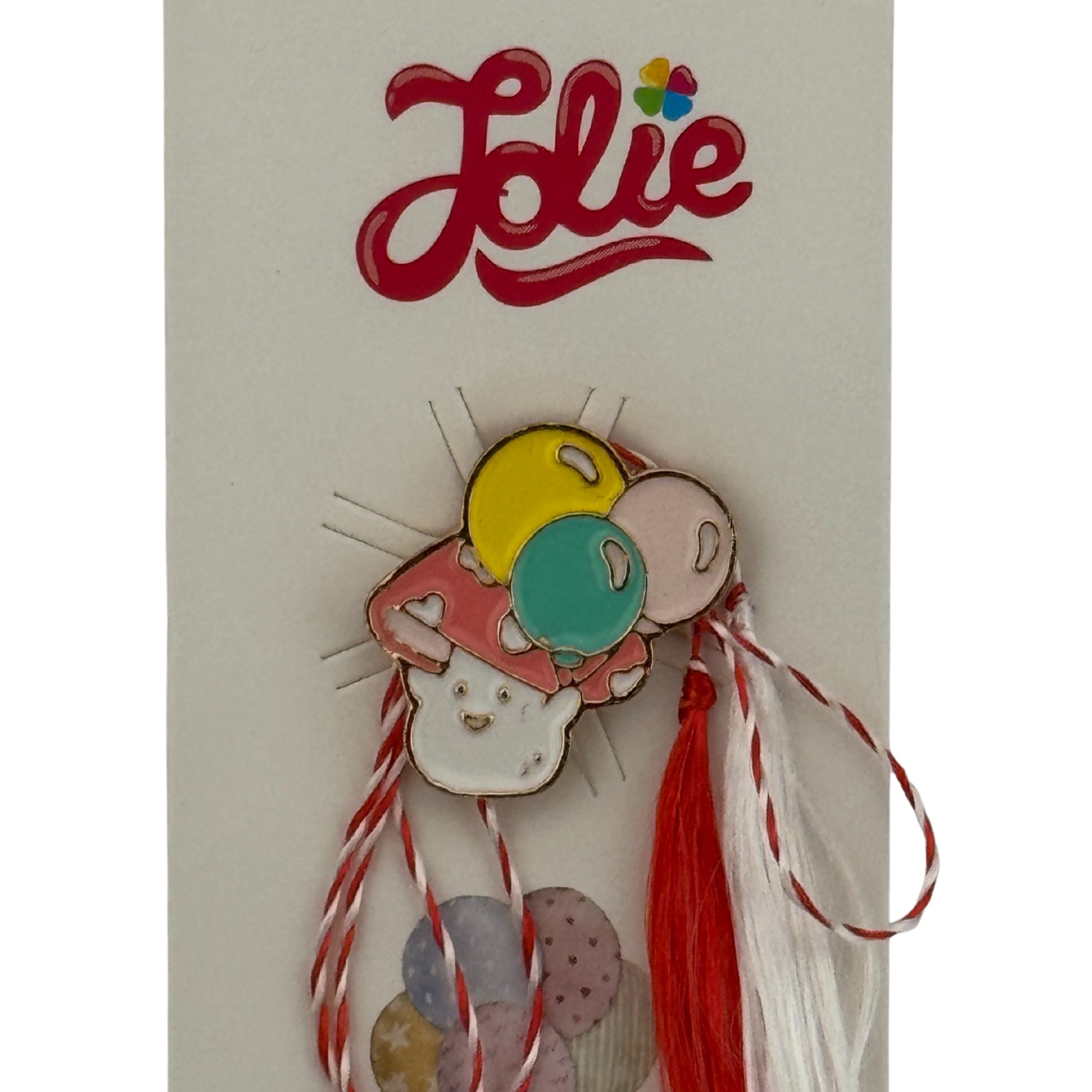 Martisor pentru copii, Jolie, Material Metal, Ambalaj Carton cu Design, Dimensiune Brosa Aproximativ 2x2 cm, Multicolor, Model Ciuperca si Baloane