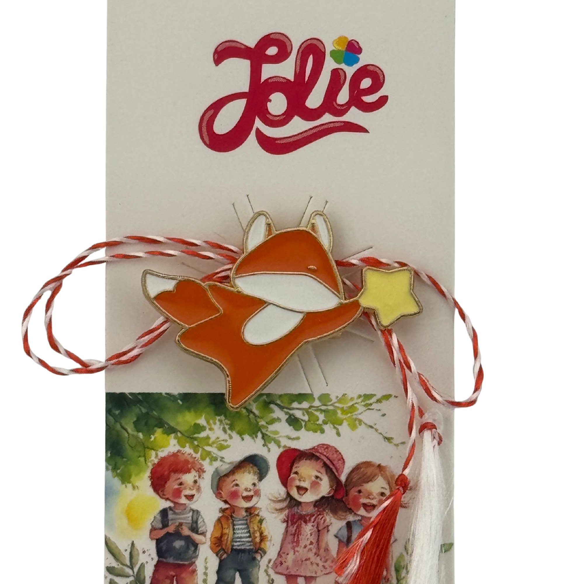 Martisor pentru copii, Jolie, Material Metal, Ambalaj Carton cu Design, Dimensiune Brosa Aproximativ 2x2 cm, Multicolor, Model Vulpe