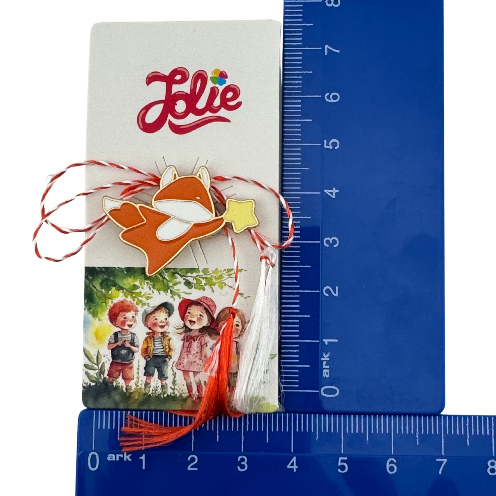 Martisor pentru copii, Jolie, Material Metal, Ambalaj Carton cu Design, Dimensiune Brosa Aproximativ 2x2 cm, Multicolor, Model Vulpe