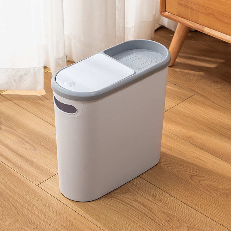 Cos de Gunoi, Flippy, din Plastic, Capac cu Ridicare Automata, Maner si Compartiment Depozitare, 31.5 x 14 x 30 cm, Alb/Gri