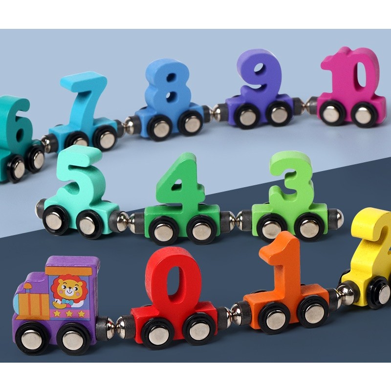 Trenulet Magnetic, Flippy, din Lemn, Model Cifre, 62 cm, +3 Ani, Jucarie de Asamblat, Multicolor