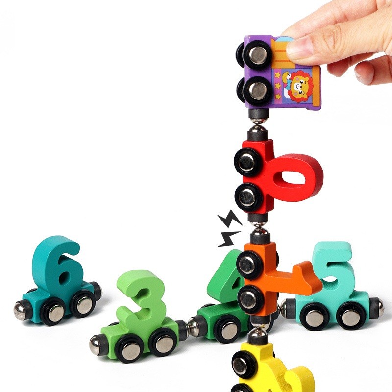Trenulet Magnetic, Flippy, din Lemn, Model Cifre, 62 cm, +3 Ani, Jucarie de Asamblat, Multicolor