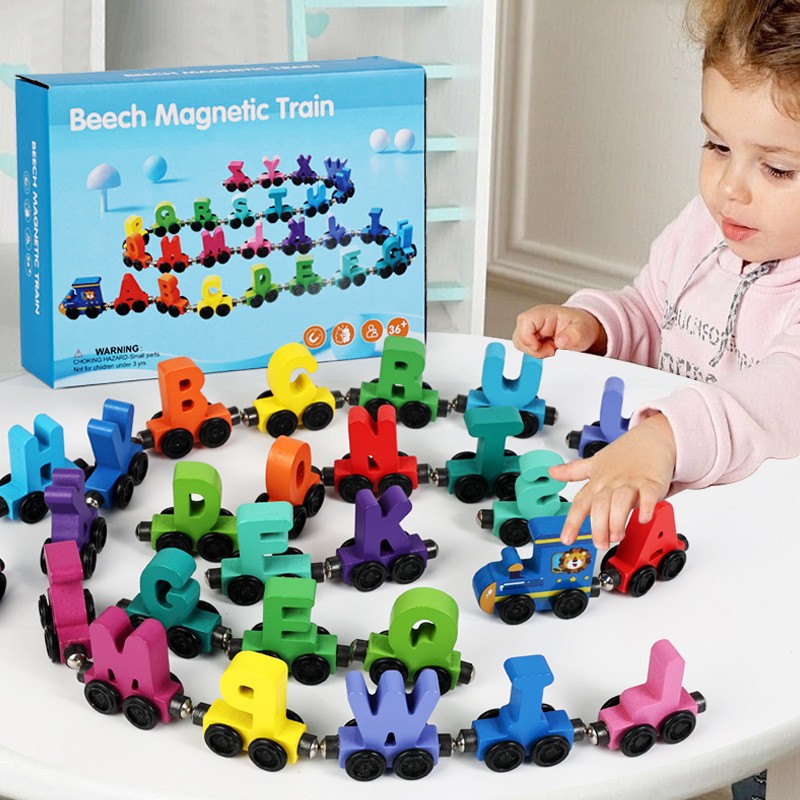 Trenulet Magnetic, Flippy, din Lemn, Model Alfabet, 26 Litere, +3 Ani, Jucarie de Asamblat, Multicolor