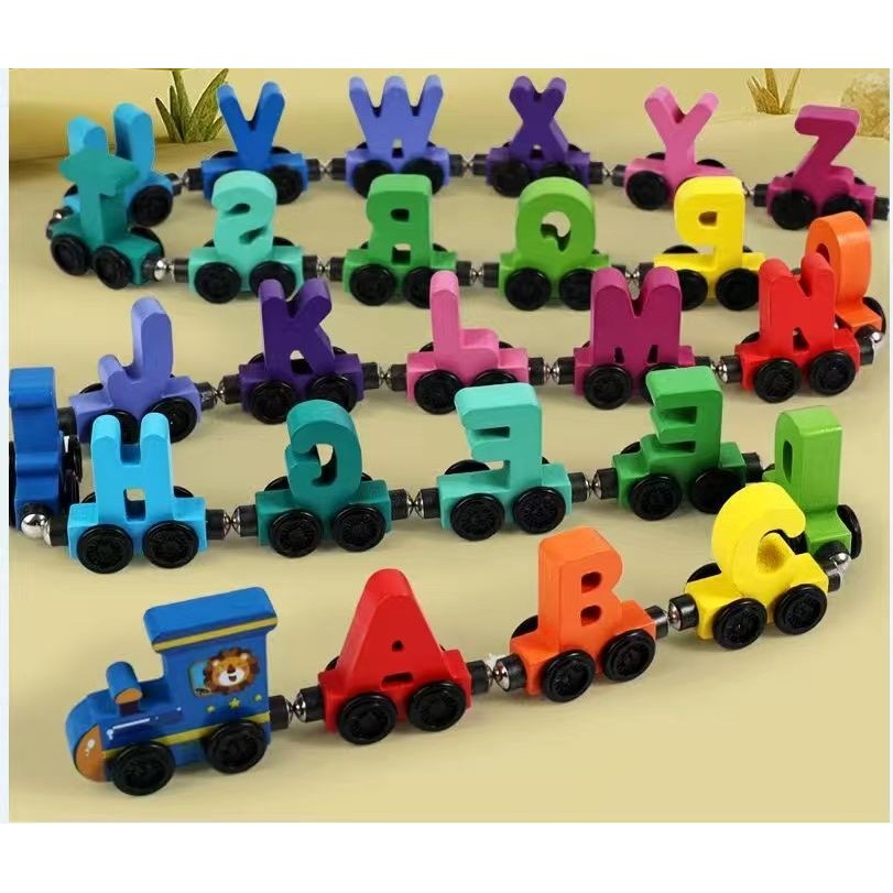 Trenulet Magnetic, Flippy, din Lemn, Model Alfabet, 26 Litere, +3 Ani, Jucarie de Asamblat, Multicolor