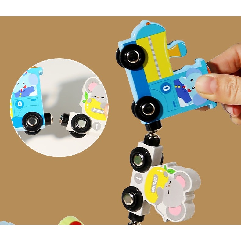 Trenulet Magnetic, Flippy, din Lemn, Model Zoo, 12 Animale, +3 Ani, Jucarie de Asamblat, Multicolor