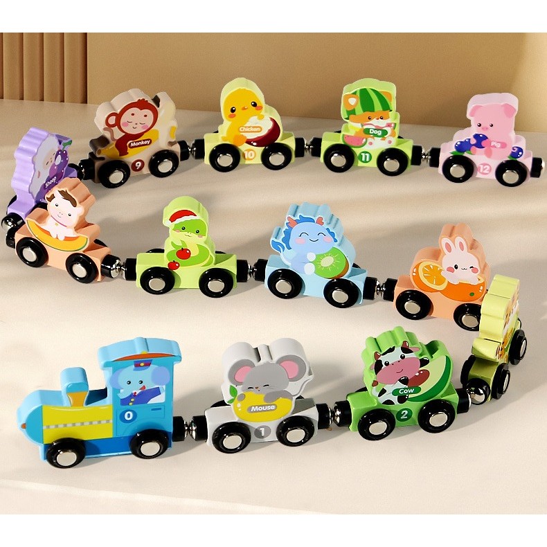 Trenulet Magnetic, Flippy, din Lemn, Model Zoo, 12 Animale, +3 Ani, Jucarie de Asamblat, Multicolor