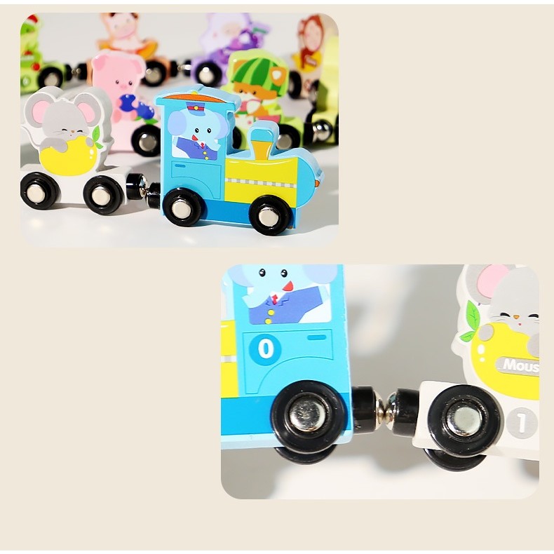 Trenulet Magnetic, Flippy, din Lemn, Model Zoo, 12 Animale, +3 Ani, Jucarie de Asamblat, Multicolor